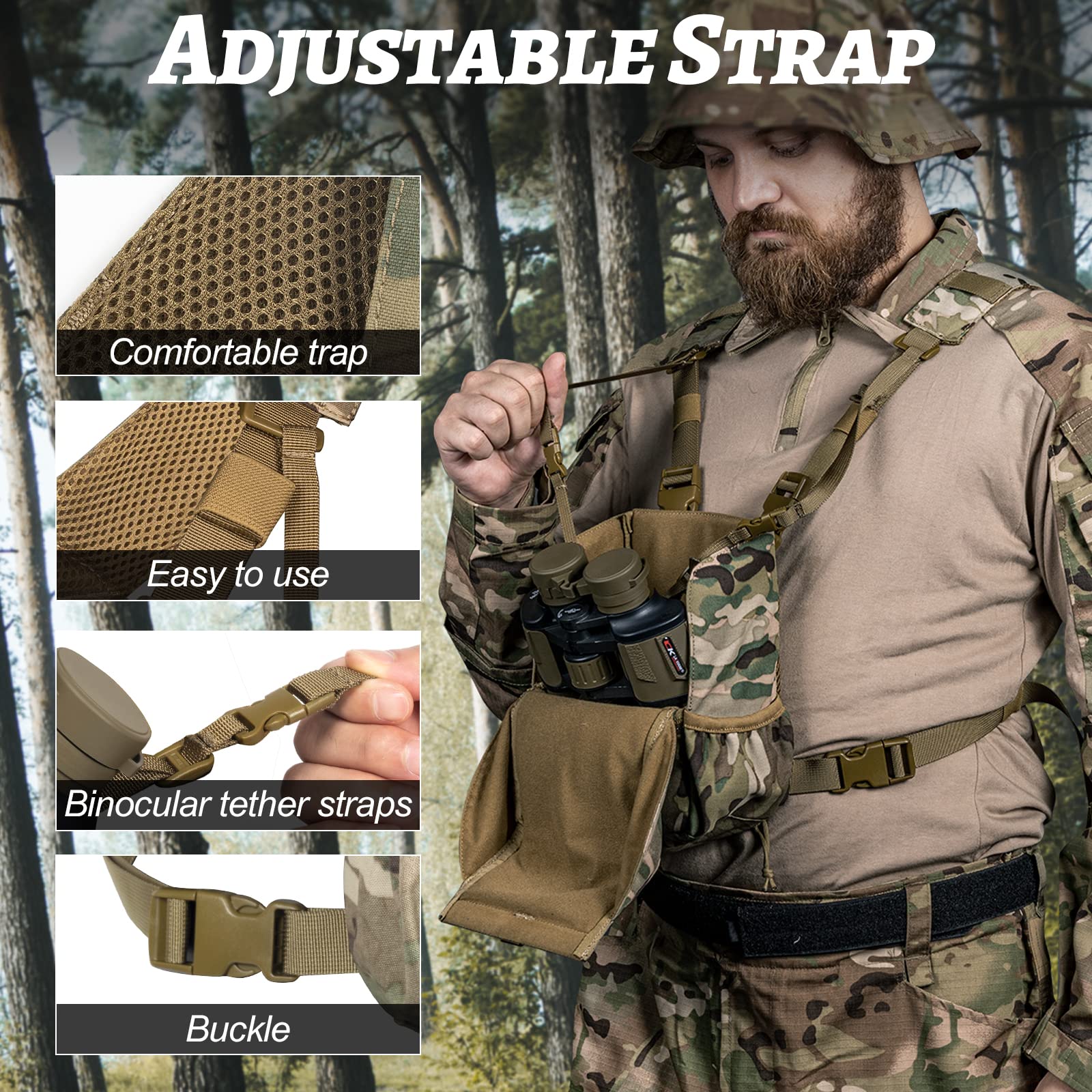 VISMIX Binocular Harness, Adjustable Binocular Harness Chest Pack with Rain Cover for Hunting Hiking Shooting Camo Medium - Image 4