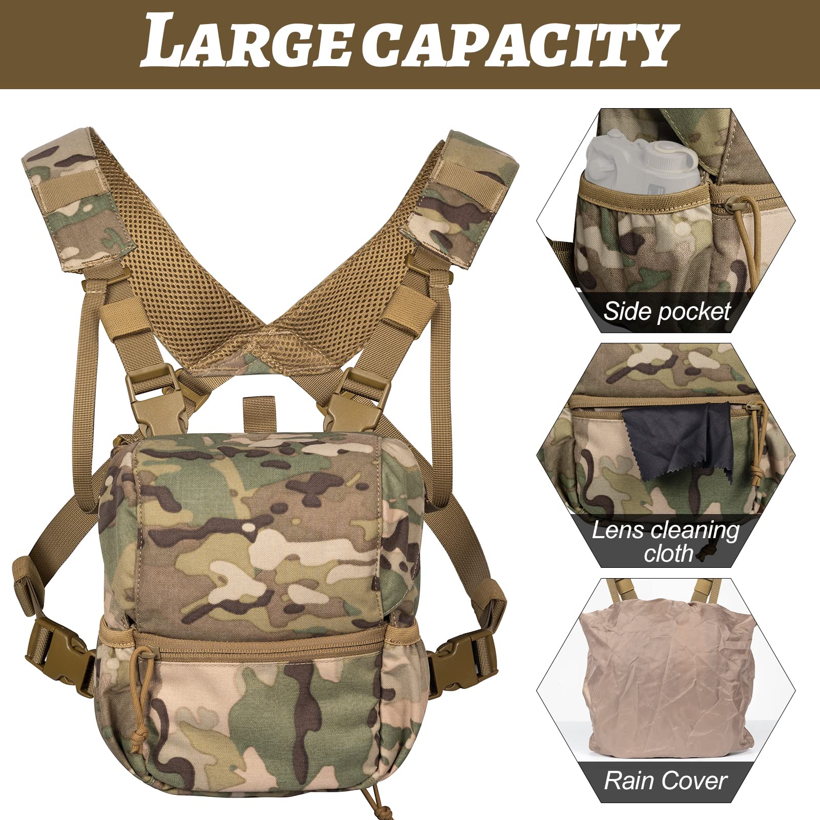 VISMIX Binocular Harness, Adjustable Binocular Harness Chest Pack with Rain Cover for Hunting Hiking Shooting Camo Medium - Image 5
