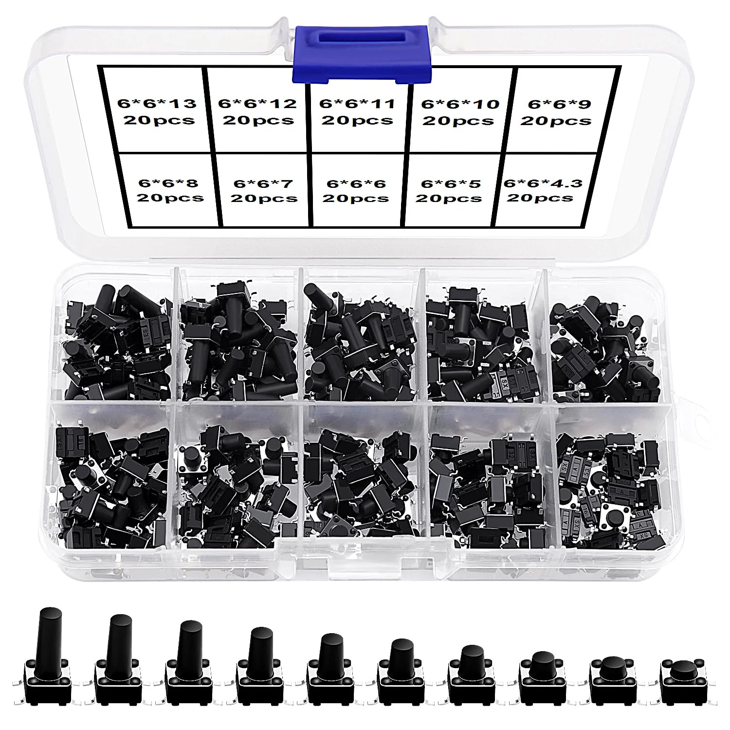 VooGenzek 200 Pieces 10 Values Micro Momentary Tactile Push Button Switch, 6 x 6 mm Tactile Push Button Switch, Button Micro Tactile Switch Kit, Black 6x6mm - Black - 200pcs