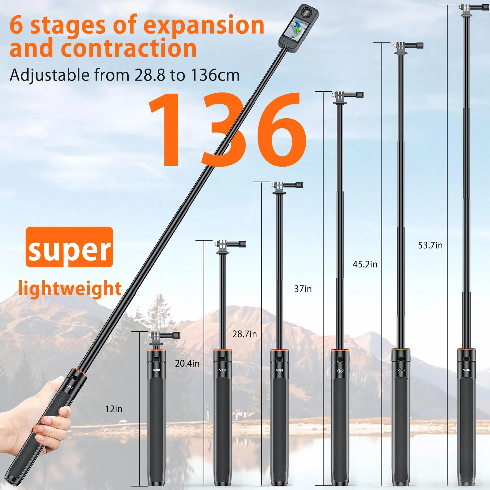 VRIG Extendable Selfie Stick Tripod for GoPro Max Hero 10 9 8 7 6 5 4, DJI Osmo Action, Insta 360 One R and More Action Camera(55.1'') 55.1'' - Image 2