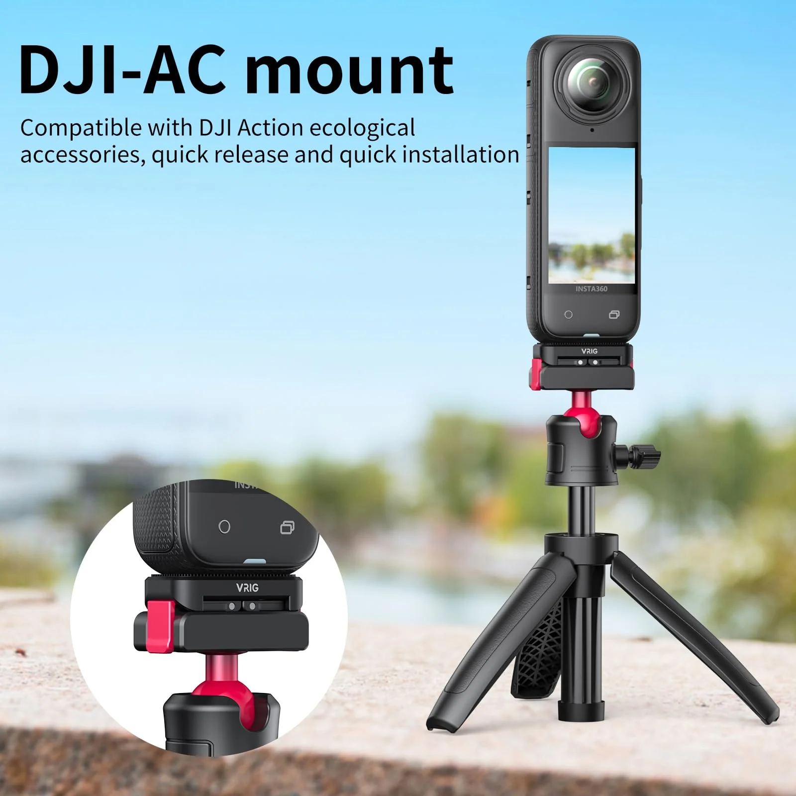 VRIG Quick Release Mount for Insta 360 X4 (New Version),Snap-On Magnetic 2 Prong Mount and 1/4" Screw compatible with tripod fixed action camera selfie stick - Image 3