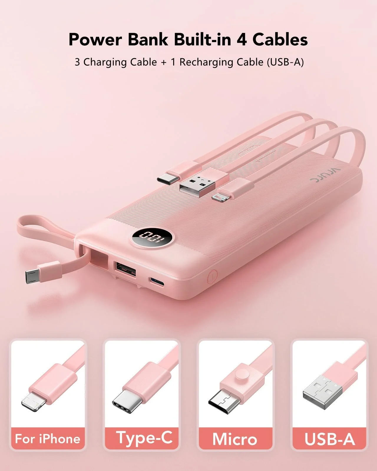 VRURC Portable Charger 10000mAh, Slim LED Display Power Bank, 5 Output 2 Input Cell Phone Battery Pack, Built-in Micro & USB C Cables Phone Charger Compatible with iPhone,Samsung,Android-Pink(1 Pack) Pink - Image 2