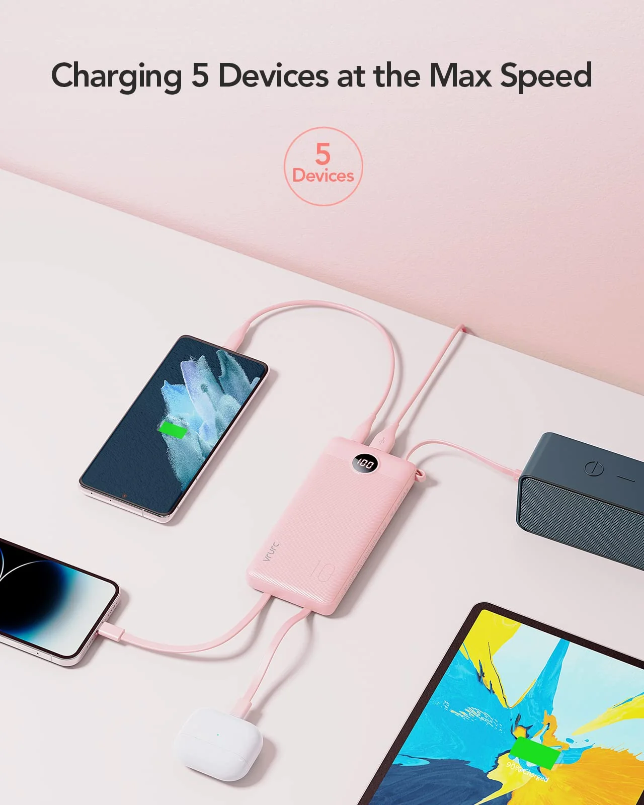 VRURC Portable Charger 10000mAh, Slim LED Display Power Bank, 5 Output 2 Input Cell Phone Battery Pack, Built-in Micro & USB C Cables Phone Charger Compatible with iPhone,Samsung,Android-Pink(1 Pack) Pink - Image 4