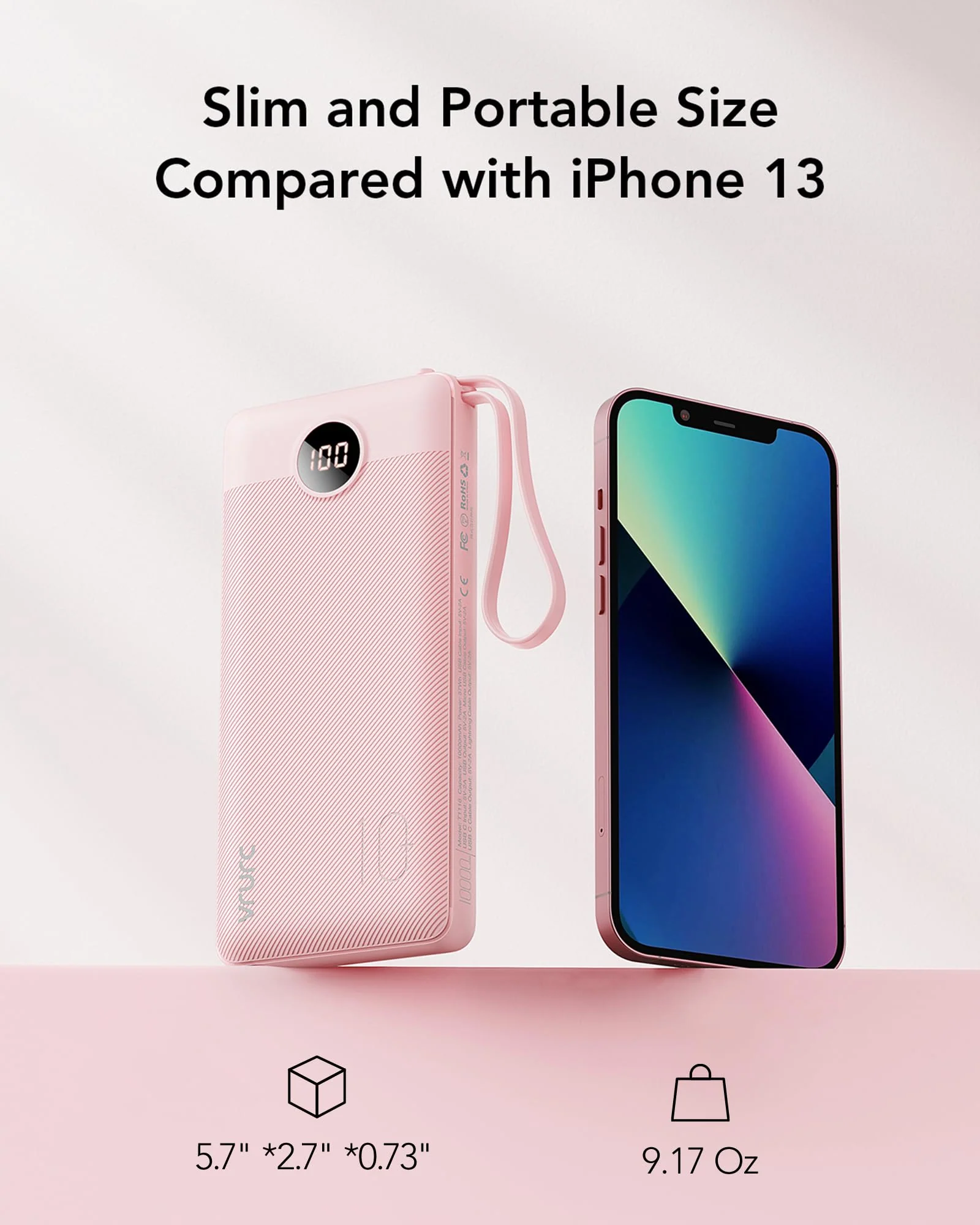 VRURC Portable Charger 10000mAh, Slim LED Display Power Bank, 5 Output 2 Input Cell Phone Battery Pack, Built-in Micro & USB C Cables Phone Charger Compatible with iPhone,Samsung,Android-Pink(1 Pack) Pink - Image 5
