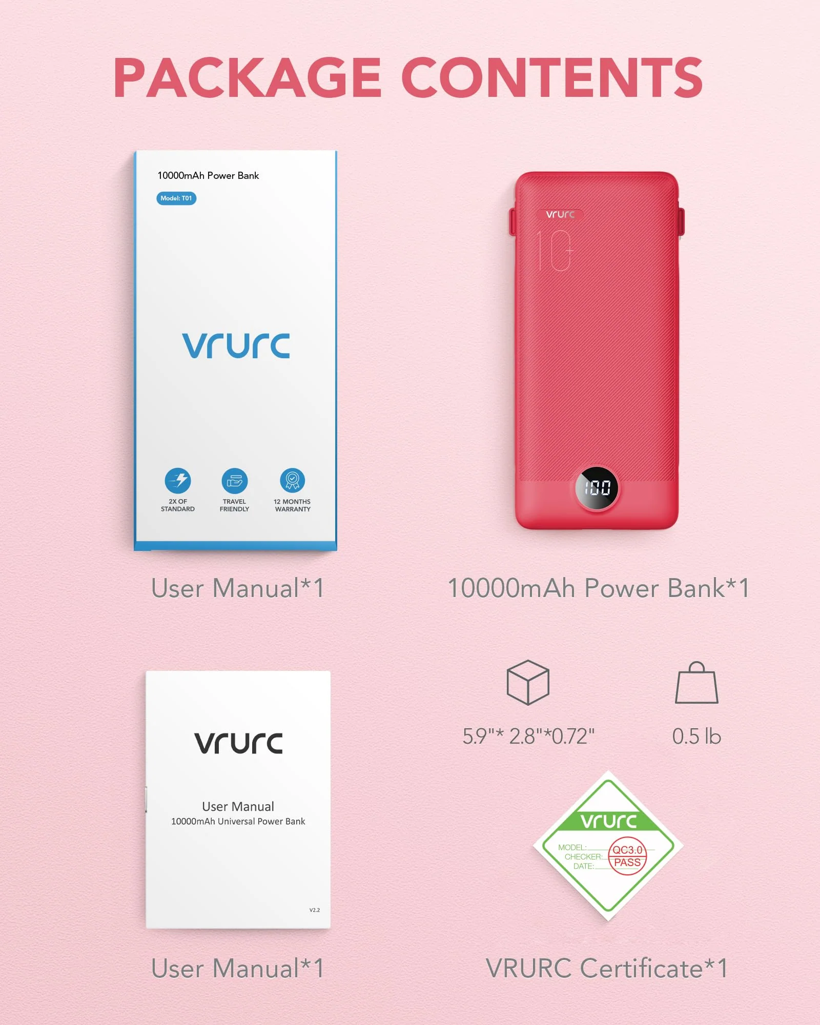 VRURC Portable Charger Built-in Cables and AC Wall Plug, USB C Power Bank 10000mAh, [2023 Upgraded Version] Phone Charger Compact Lightweight External Battery Pack for Smart Phones, Tablets etc-Red Red - Image 8