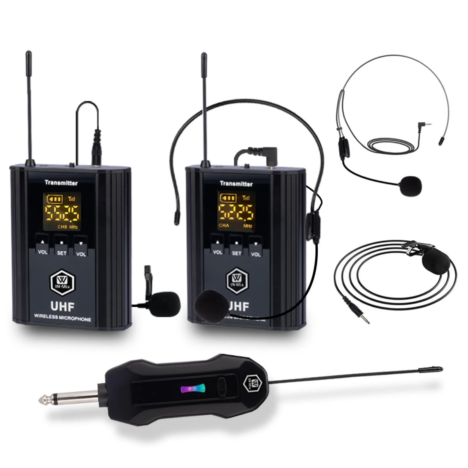 W IN-MIX UHF Wireless Microphone System, Portable Cordless Microphone Set with Headset, Lavalier, Beltpack Transmitter for Karaoke,Church and Party(2) 2 Pack