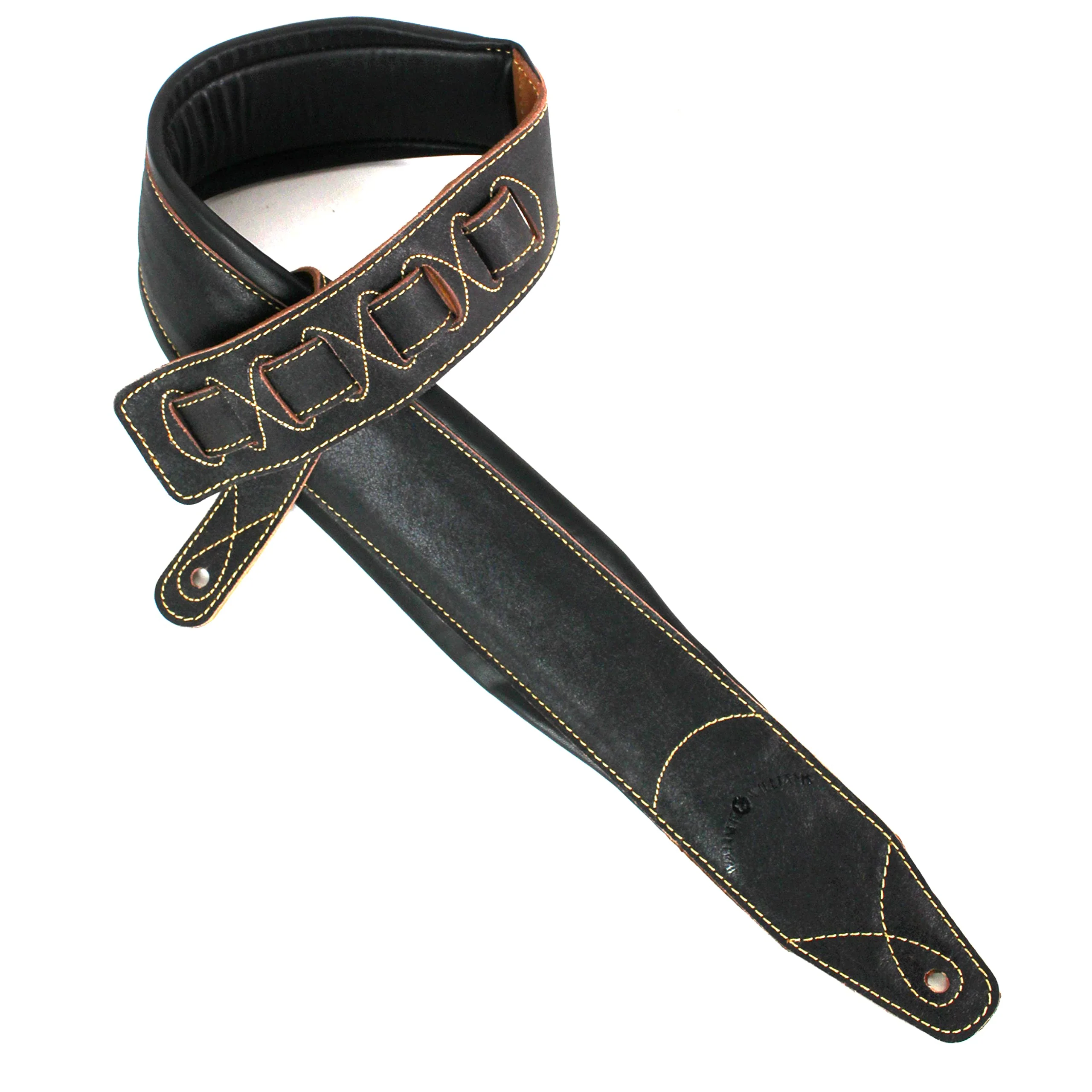 Walker And Williams C-22-DBLK Distressed Black Finish Extra Wide Double Padded Premium Thick Top Grain Leather Guitar Strap For Acoustic, Electric, And Bass Guitars