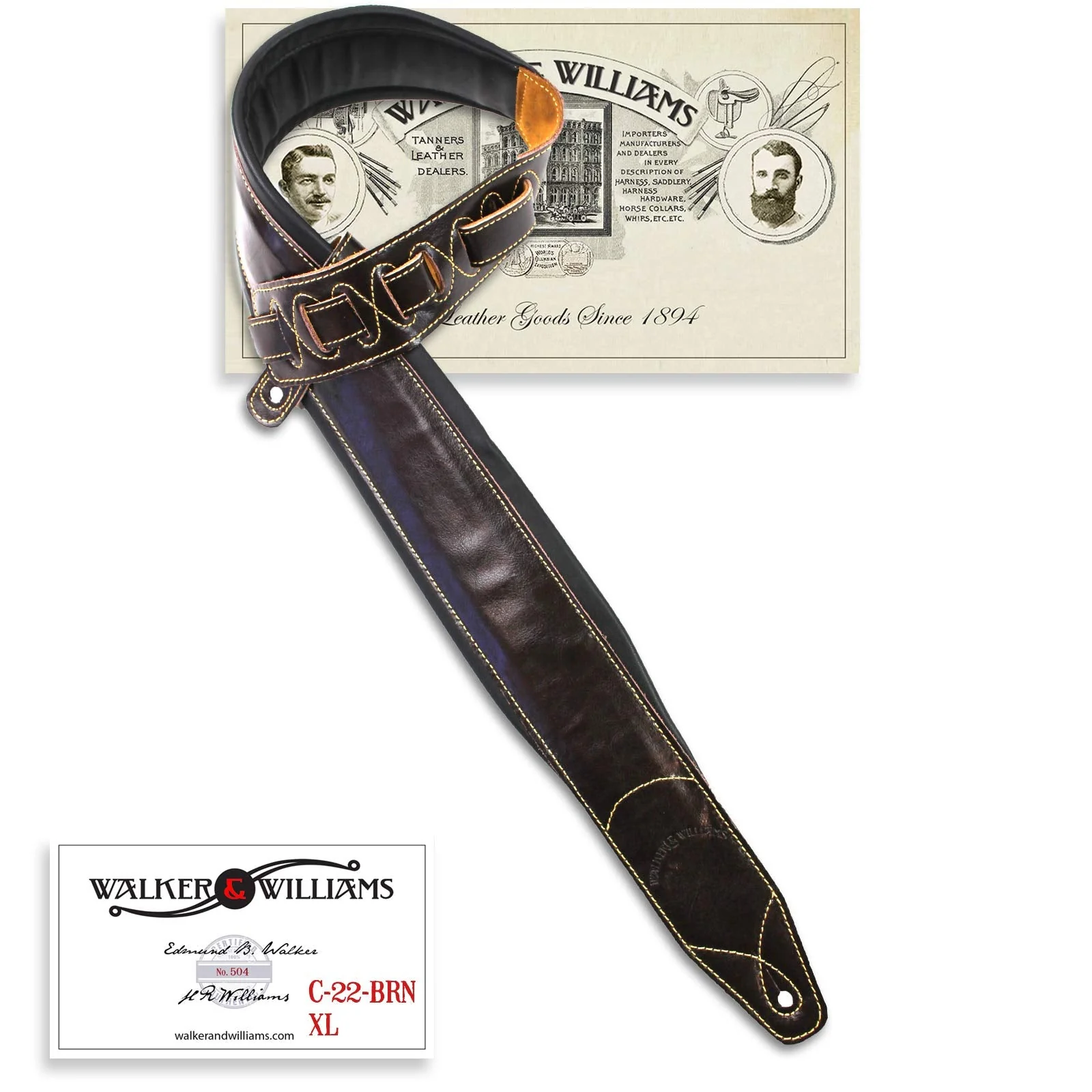 Walker & Williams C-22-BRN-XL Handmade Double Padded Premium Brown Signature Leather Guitar Strap XL For Acoustic, Electric, And Bass Guitars