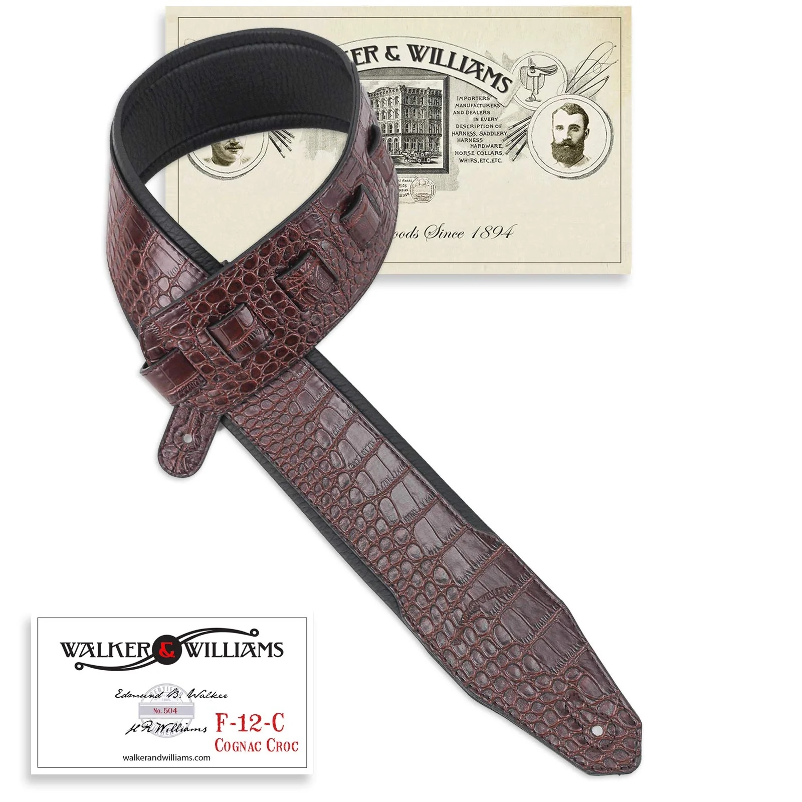 Walker & Williams F-12-C Cognac Brown 3" Wide Alligator Textured Padded Guitar Strap For Acoustic, Electric, And Bass Guitars