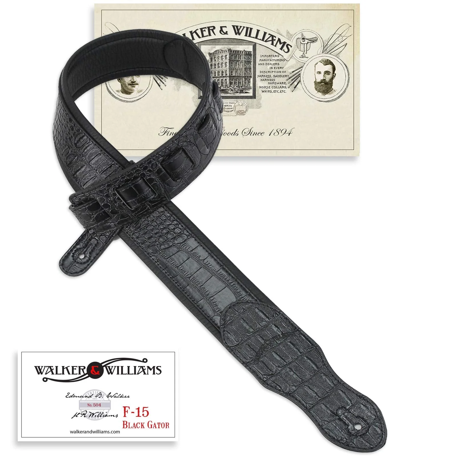 Walker & Williams F-15 Classic Black Textured Gator Finish Padded Guitar Strap