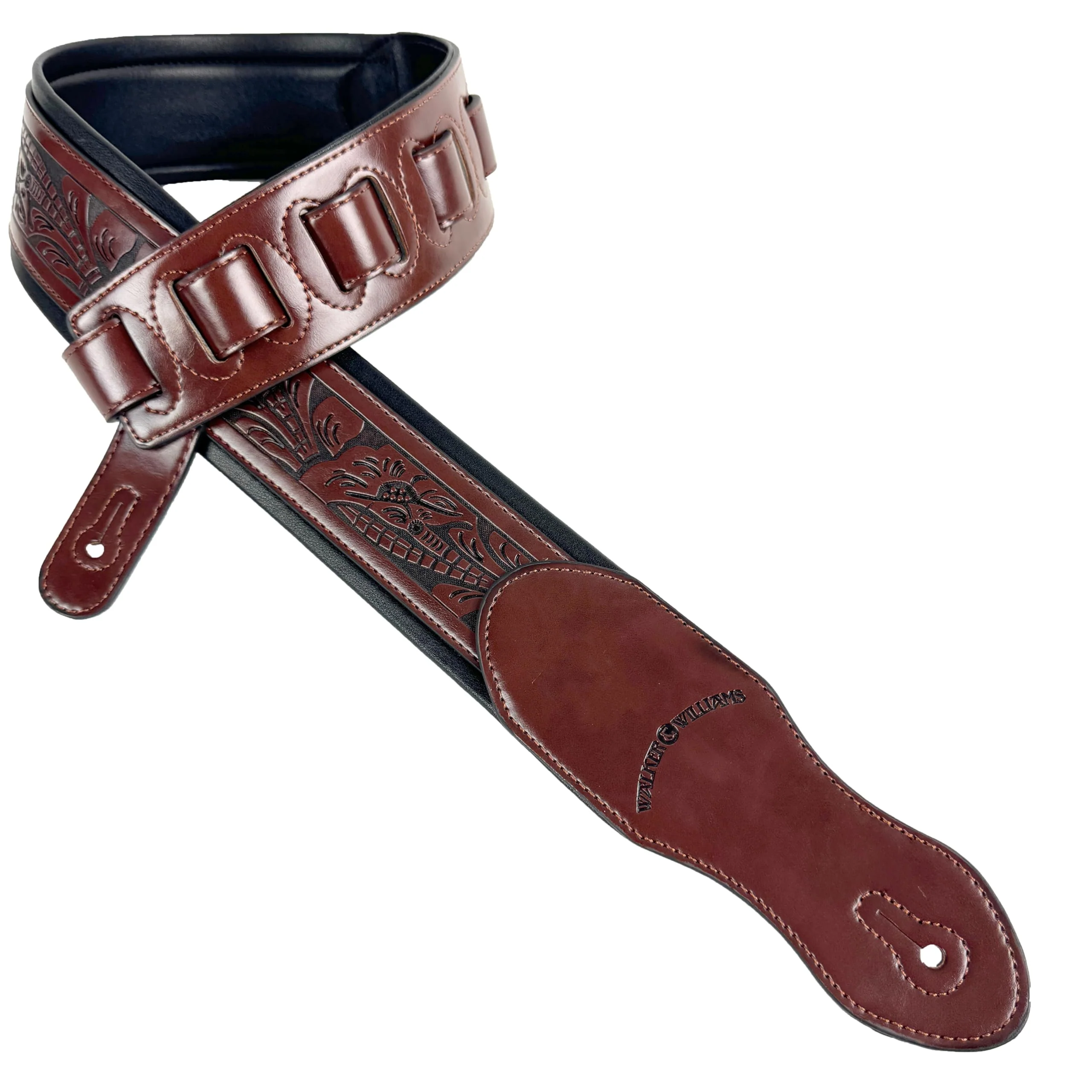 Walker & Williams G-110 Mahogany Brown Padded Guitar Strap with Embossed Live Oak Tooling For Acoustic, Electric, And Bass Guitars