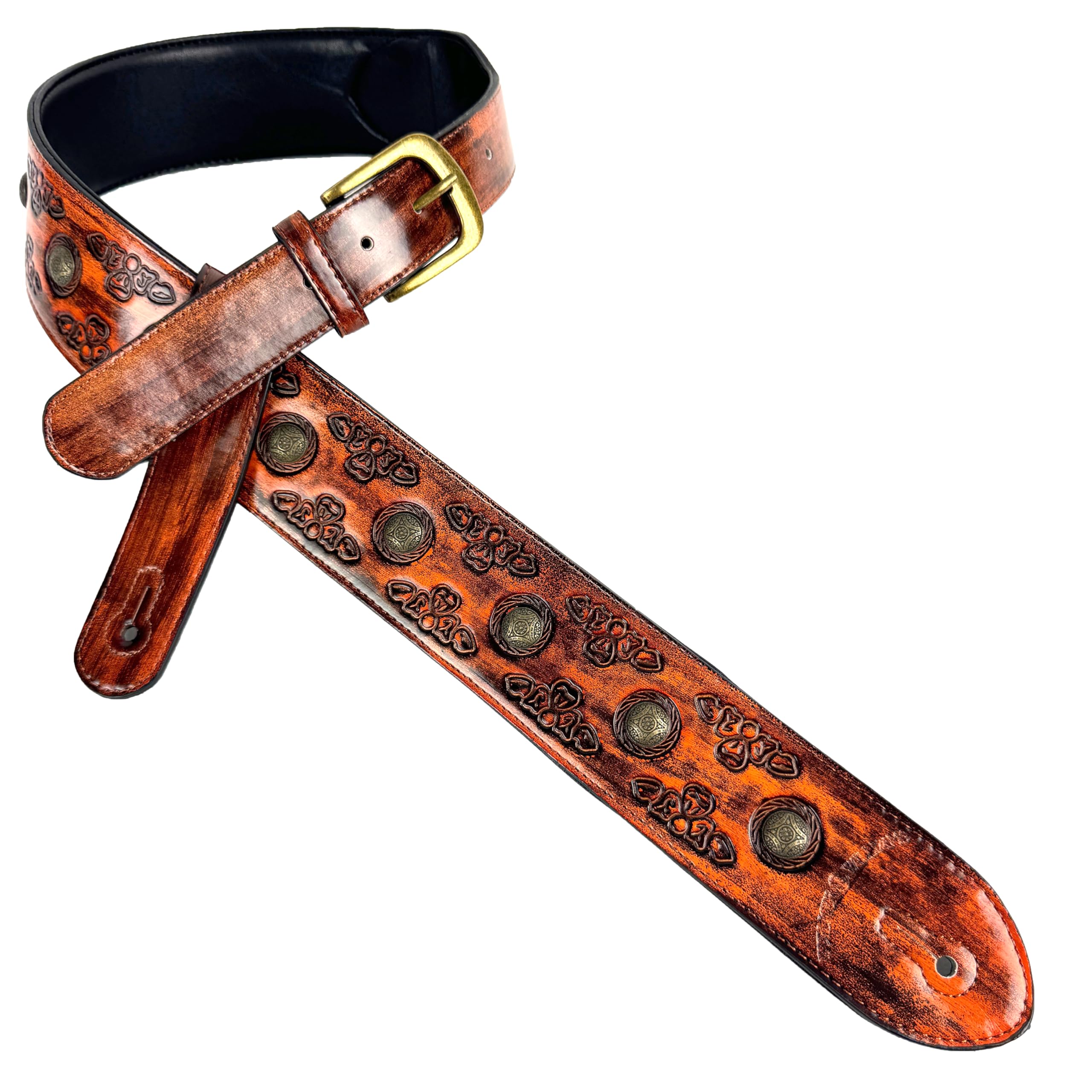 Walker & Williams GE-202 Antique Amber Tan Padded Guitar Strap with Brass Coin Studs, Brass Buckle, And Celtic Tooling For Acoustic, Electric, And Bass Guitars