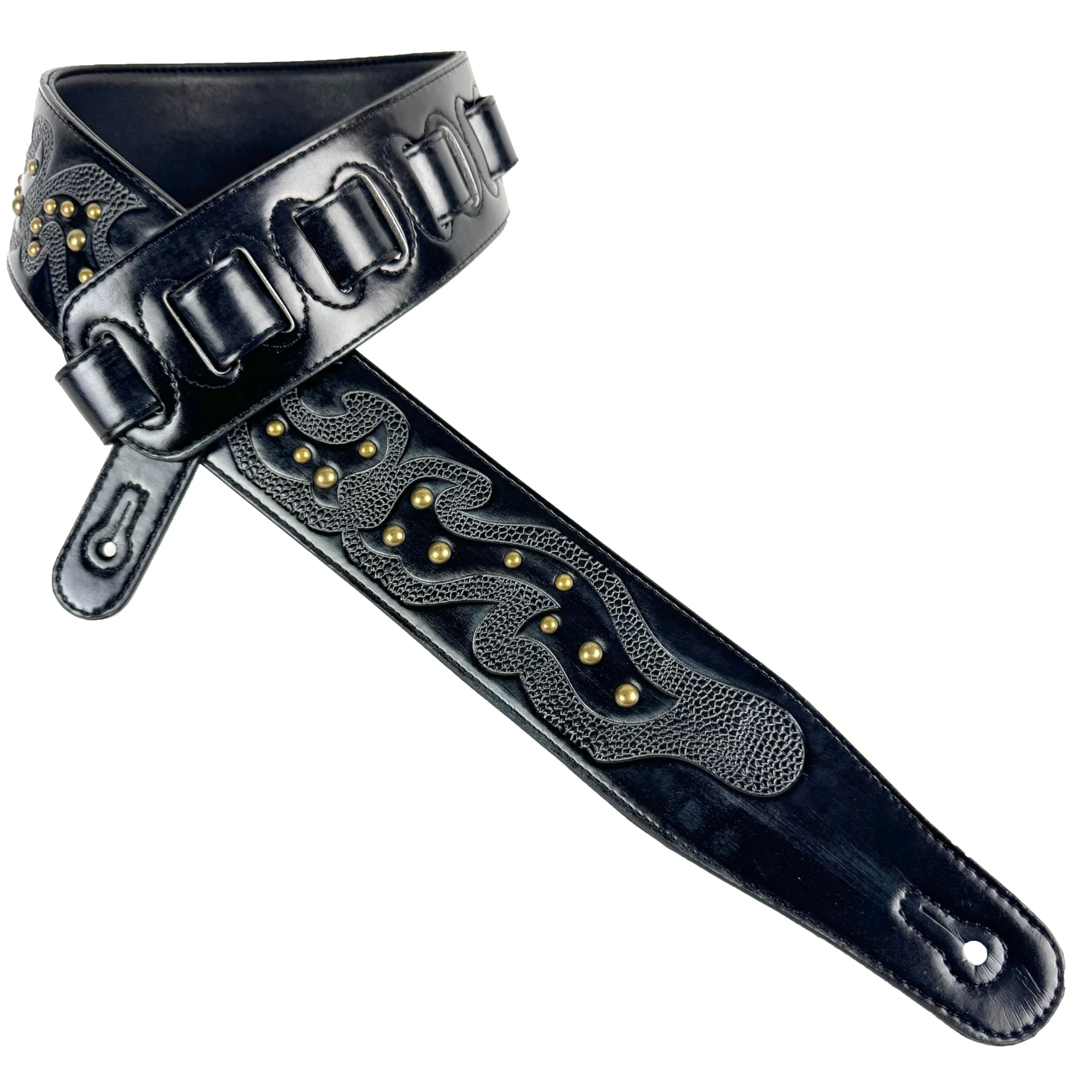 Walker & Williams GE-217 Midnight Blue Handmade Padded Leather Guitar Strap with Celtic Tooling and Brass Studs For Electric, Acoustic, And Bass Guitars