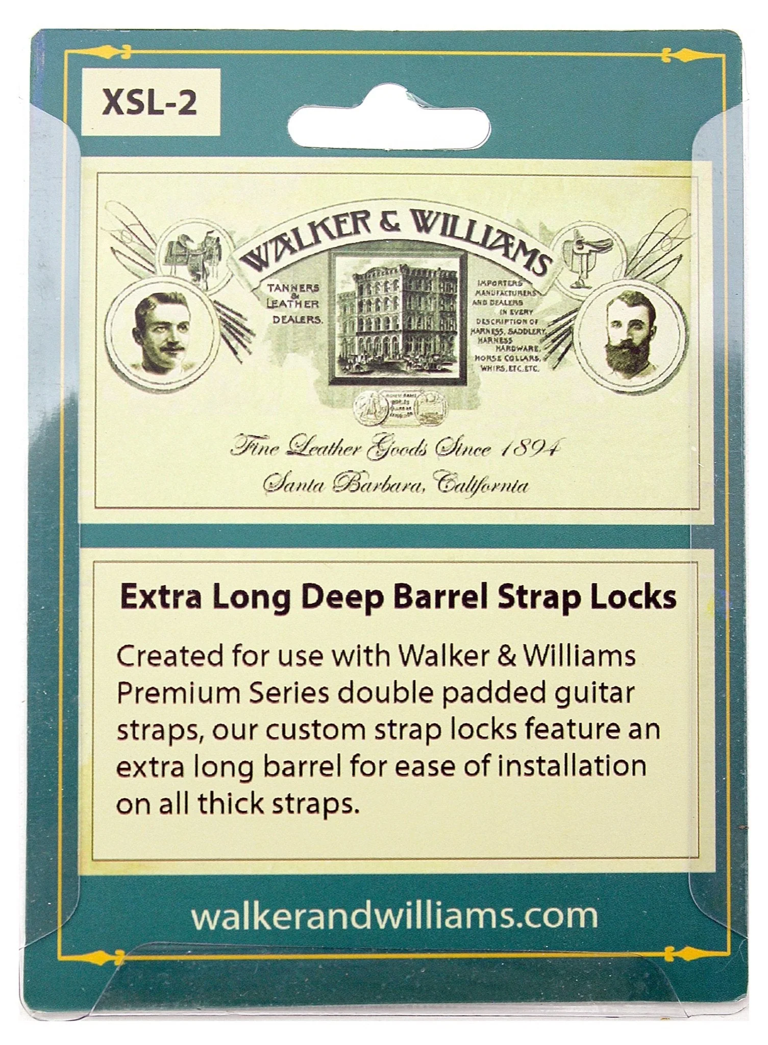 Walker & Williams Gold Extra Long Deep Barrel Strap Locks for Thick Guitar Straps - Image 2