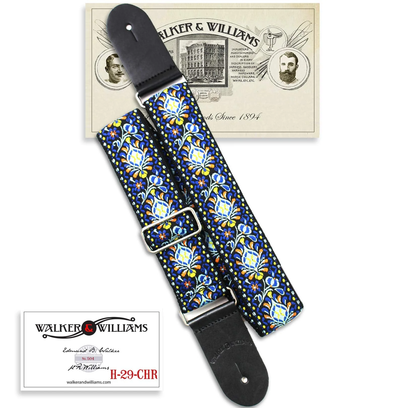 Walker & Williams H-29-CHR Vintage Series Blue Cheer Woven Hippie Guitar Strap With Brushed Nickel Hardware And Thick Leather Ends For Acoustic, Electric, And Bass Guitars