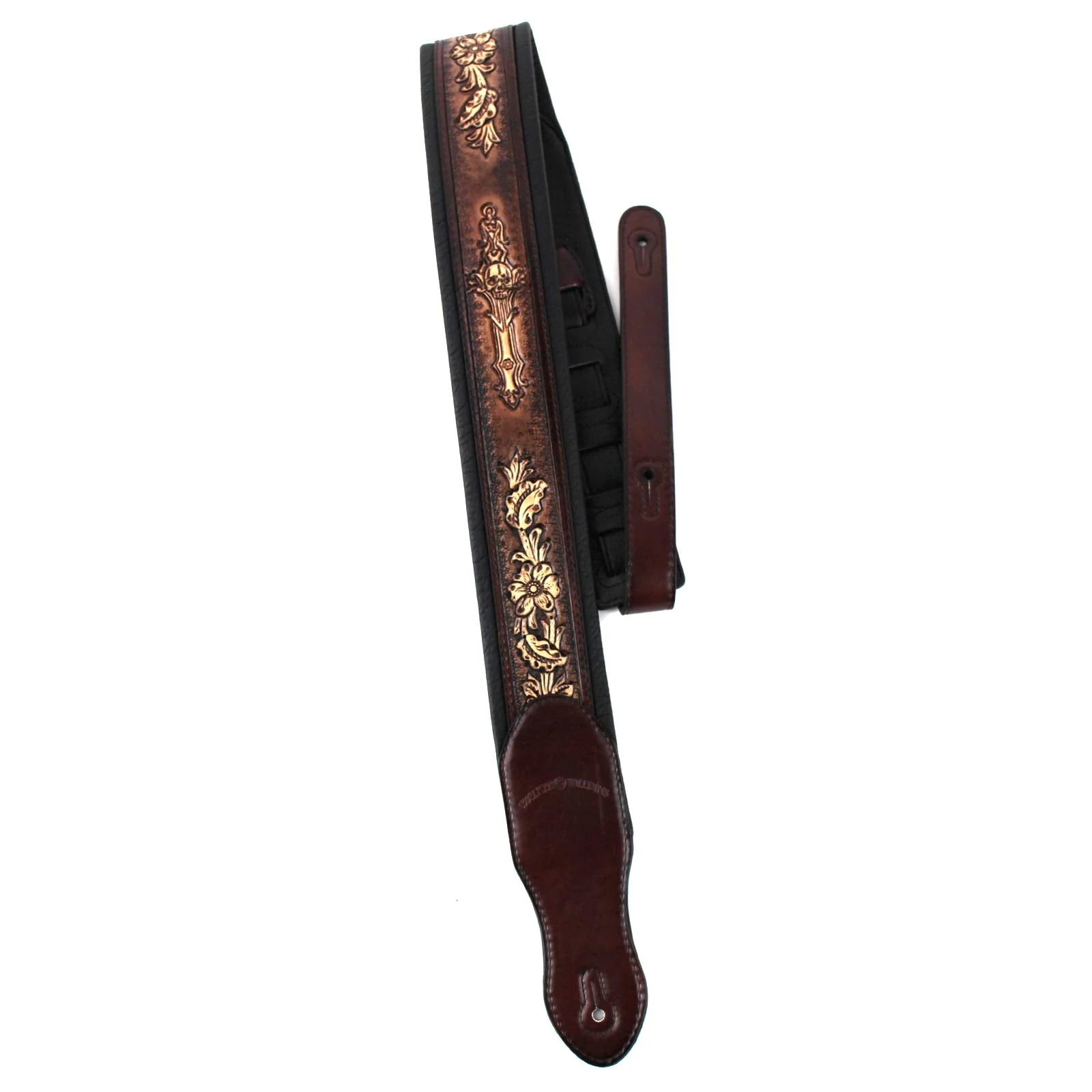 Walker & Williams KB-02-BRN Rustic Brown Carved Leather Padded Guitar Strap With Floral Skull & Christian Cross For All Acoustic, Electric And Bass Guitars