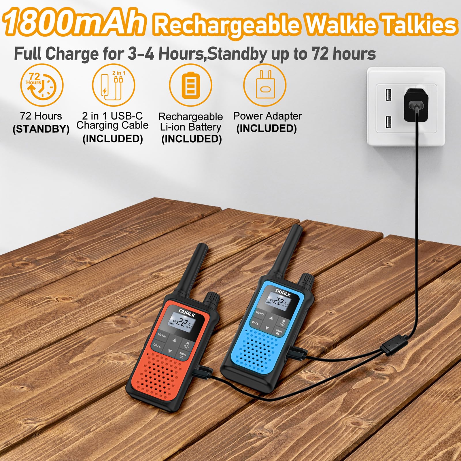 Walkie Talkies for Adults Long Range 2 Pack, Rechargeable Walkie Talkies 22 FRS Channels Two Way Radios with NOAA Weather Receiver, Noise Reduction, Volume Adjustment, LED Flashlight, 1800mAh Battery - Image 3