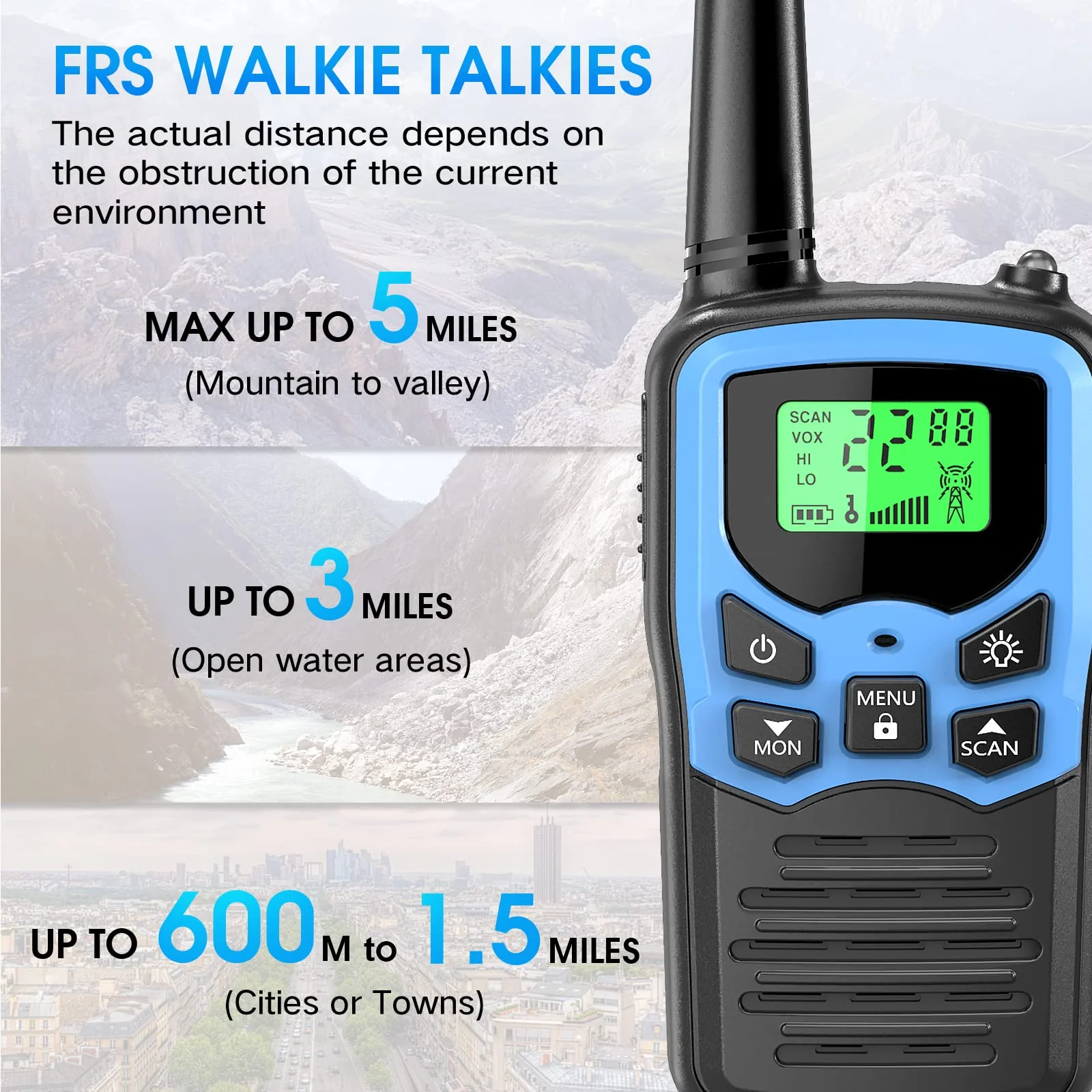 Walkie Talkies,MOICO Long Range Walkie Talkies for Adults Two-Way Radios with 22 Channels FRS VOX Scan LCD Display with LED Flashlight for Field, Survival Biking Hiking Camping 2 Pack (Blue) Blue - Image 3