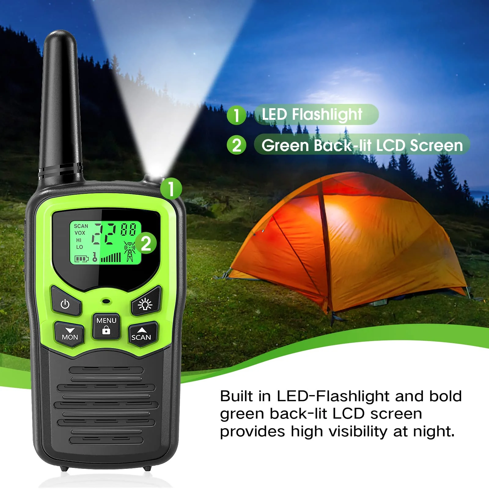 Walkie Talkies with 22 FRS Channels, MOICO Walkie Talkies for Adults with LED Flashlight VOX Scan LCD Display, Long Range Family Walkie Talkie Radios for Hiking Camping Trip (Green) Green - Image 4