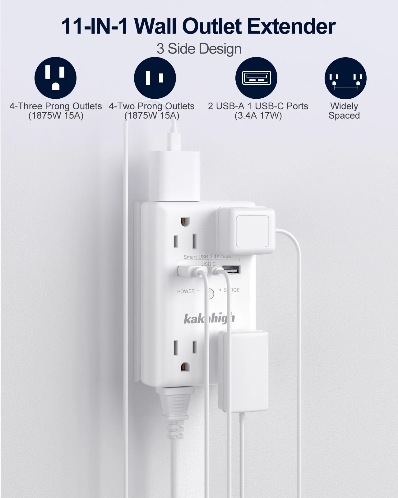 Wall Outlet Extender with Screw, 8 Way Outlets with 1680J Surge Protected, Multi Plug Wall Outlet with USB Ports, LED Indicator, 1875W Wall Mounted Surge Protectors for Dorm Room Office Kitchen - Image 2