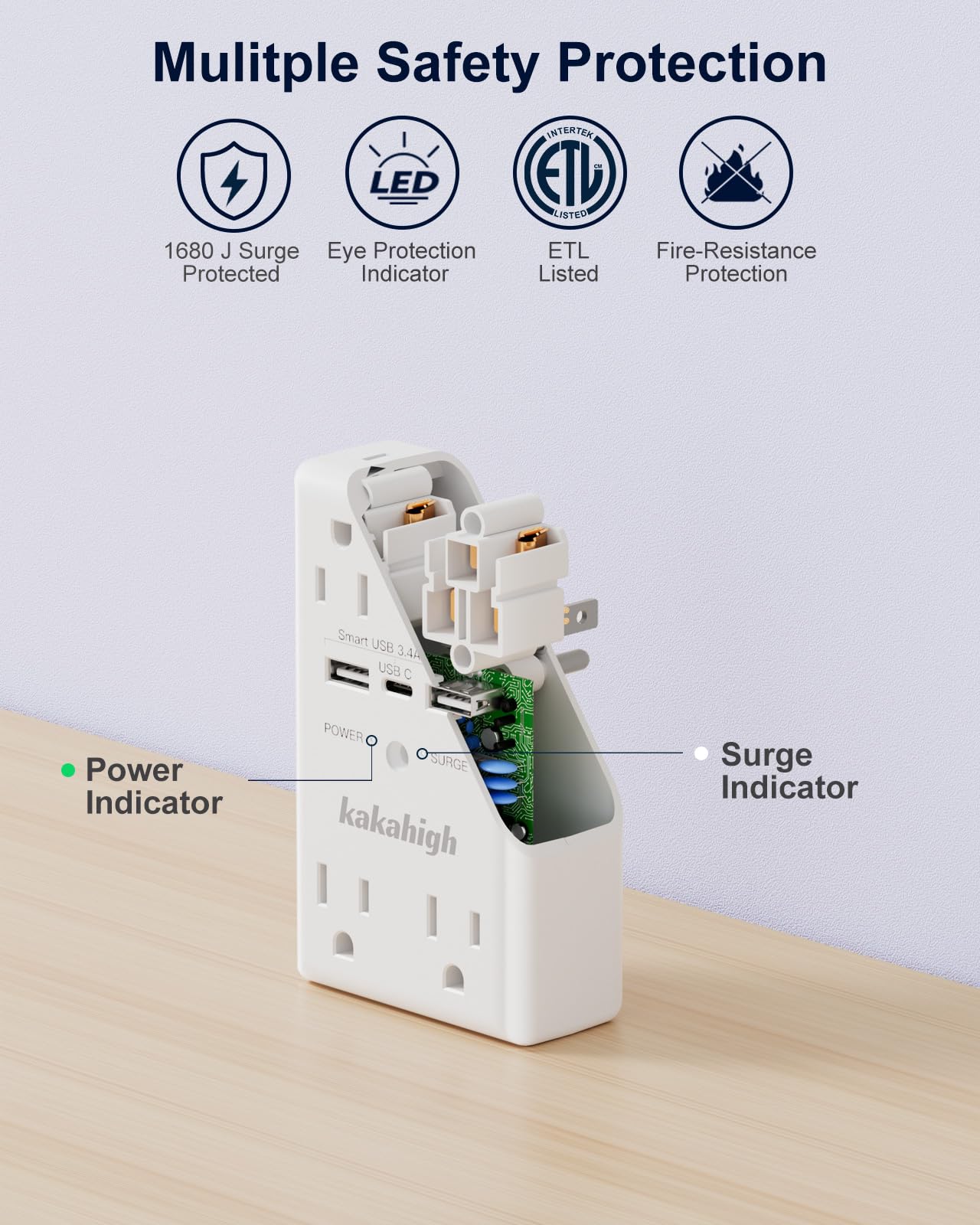 Wall Outlet Extender with Screw, 8 Way Outlets with 1680J Surge Protected, Multi Plug Wall Outlet with USB Ports, LED Indicator, 1875W Wall Mounted Surge Protectors for Dorm Room Office Kitchen - Image 6