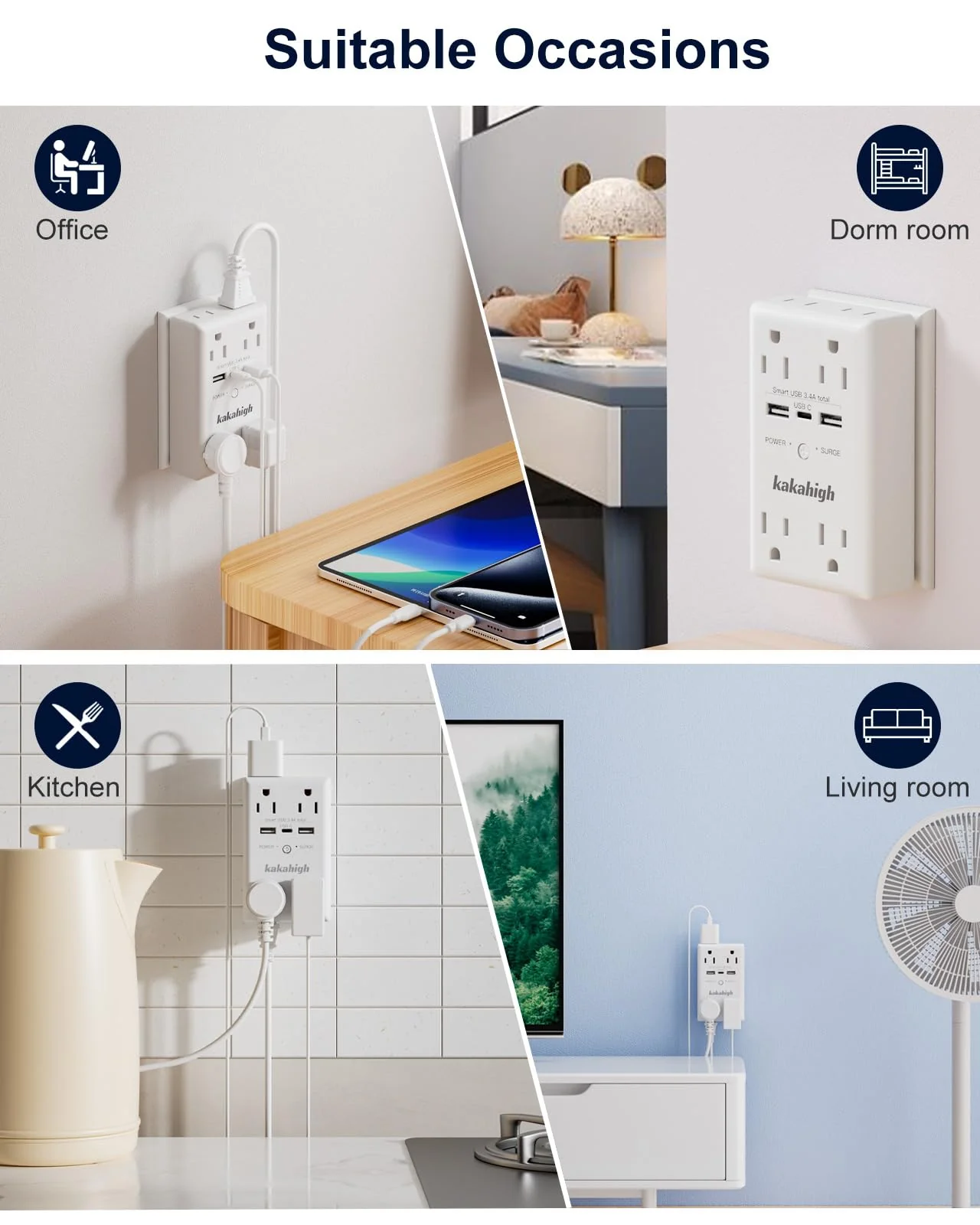 Wall Outlet Extender with Screw, 8 Way Outlets with 1680J Surge Protected, Multi Plug Wall Outlet with USB Ports, LED Indicator, 1875W Wall Mounted Surge Protectors for Dorm Room Office Kitchen - Image 7
