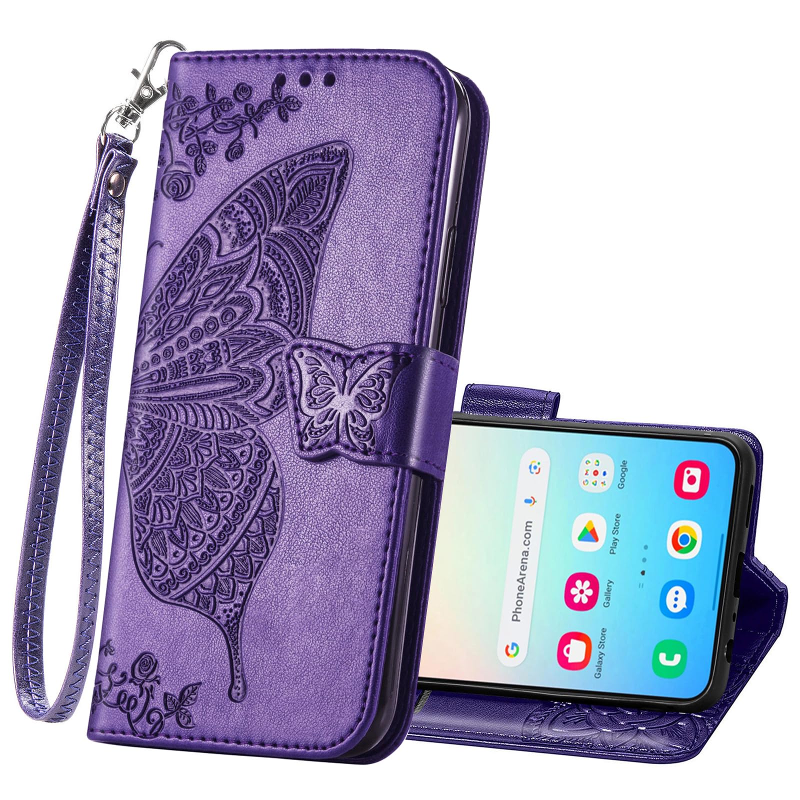 Wallet Case for Samsung Galaxy S24 Plus,Women Flip Folio PU Leather Protective Case Wrist Strap Card Slots Holder Purse Emboss Butterfly Flower Stand Flip Case for Samsung Galaxy S24 Plus Purple
