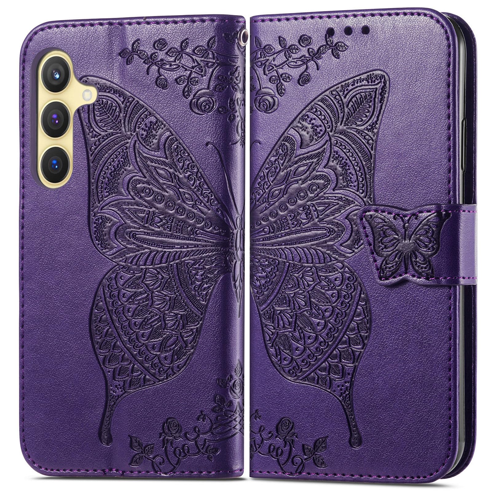 Wallet Case for Samsung Galaxy S24 Plus,Women Flip Folio PU Leather Protective Case Wrist Strap Card Slots Holder Purse Emboss Butterfly Flower Stand Flip Case for Samsung Galaxy S24 Plus Purple - Image 2