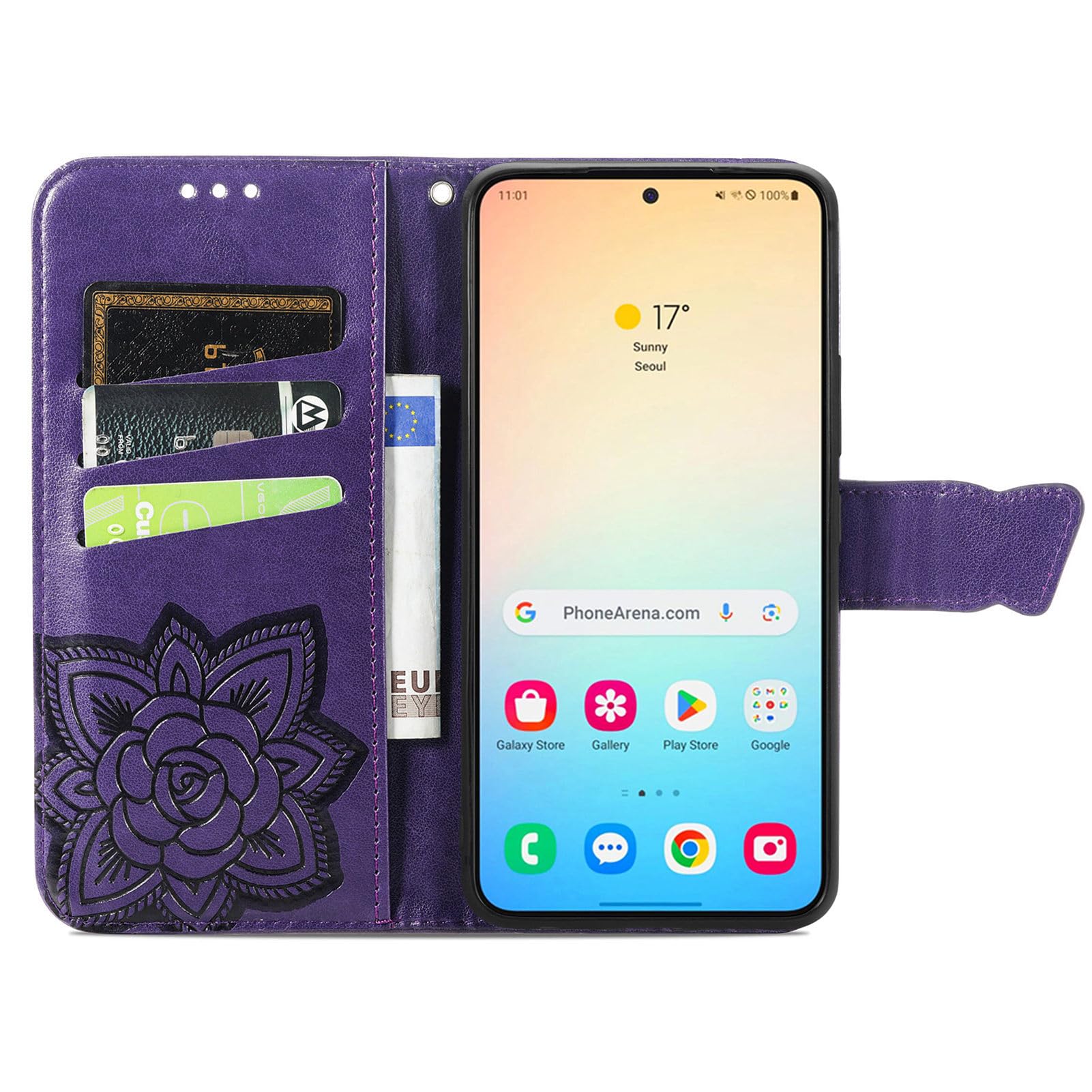 Wallet Case for Samsung Galaxy S24 Plus,Women Flip Folio PU Leather Protective Case Wrist Strap Card Slots Holder Purse Emboss Butterfly Flower Stand Flip Case for Samsung Galaxy S24 Plus Purple - Image 3