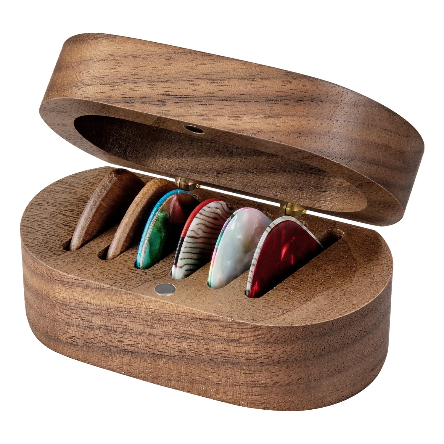 Walnut Guitar Pick Holder Set with 2 Wood Plectrums and 8 Celluloid Plectrums (3 Thicknesses), Slim Portable Wooden Plectrum Case Organizers for Electric Bass Guitar Ukulele Lover 10 Picks (4 Thicknesses)