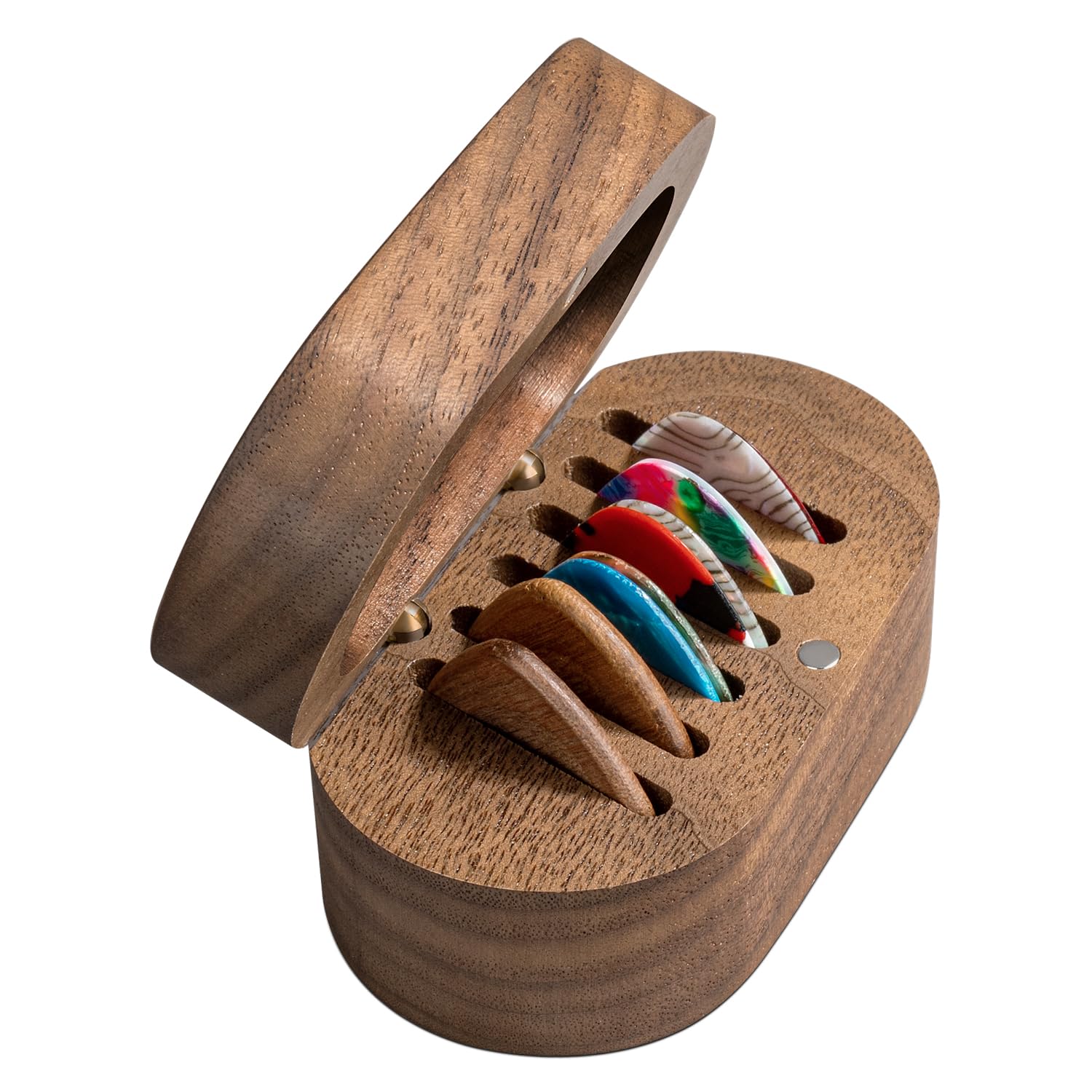 Walnut Guitar Pick Holder Set with 2 Wood Plectrums and 8 Celluloid Plectrums (3 Thicknesses), Slim Portable Wooden Plectrum Case Organizers for Electric Bass Guitar Ukulele Lover 10 Picks (4 Thicknesses) - Image 4