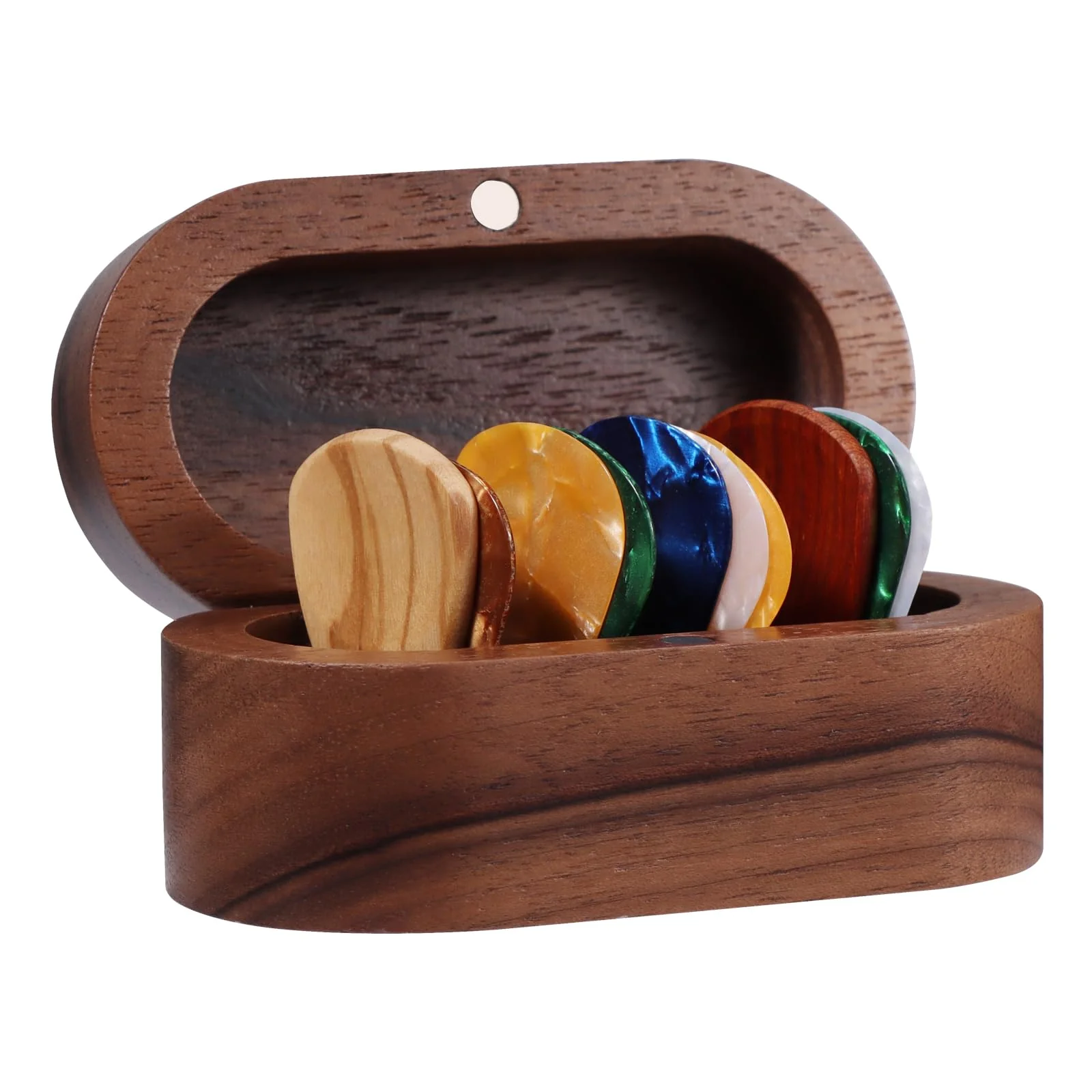 Walnut Guitar Plectrum Holder Set with 2 Color Wood Plectrums and 8 Celluloid Plectrums (4 Thicknesses),Mini Jewelry Box,Brown Wooden Trinkets,Box Size 3.35 * 1.77 * 1.57 inch (brown) brown