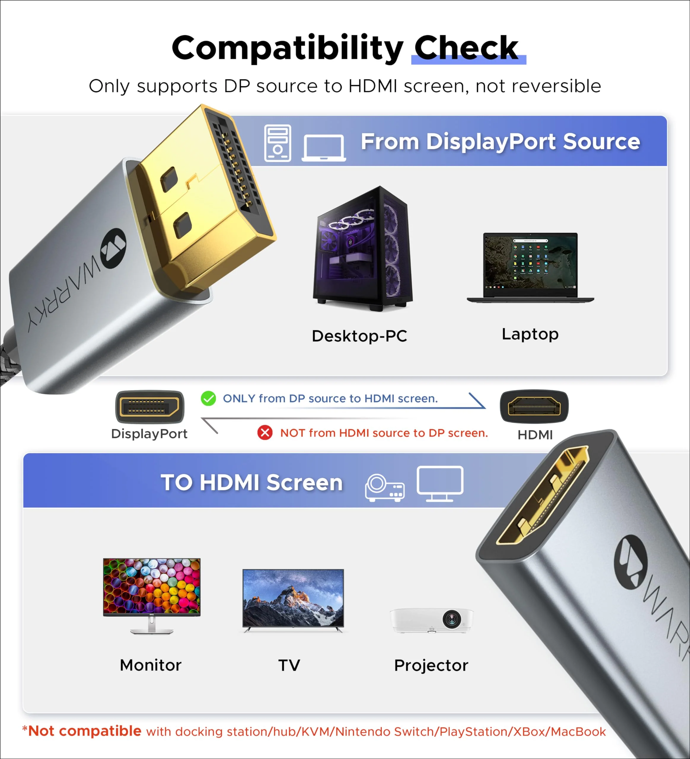 Warrky DisplayPort to HDMI Adapter 2-Pack (4K, UHD), [24K Gold-Plated, Slim Aluminum Shell] Display Port to HDMI/DP to HDMI Adapter for Lenovo, DELL, HP, ThinkPad, GPU, AMD, NVIDIA&More 1 Silver Gray - Image 6