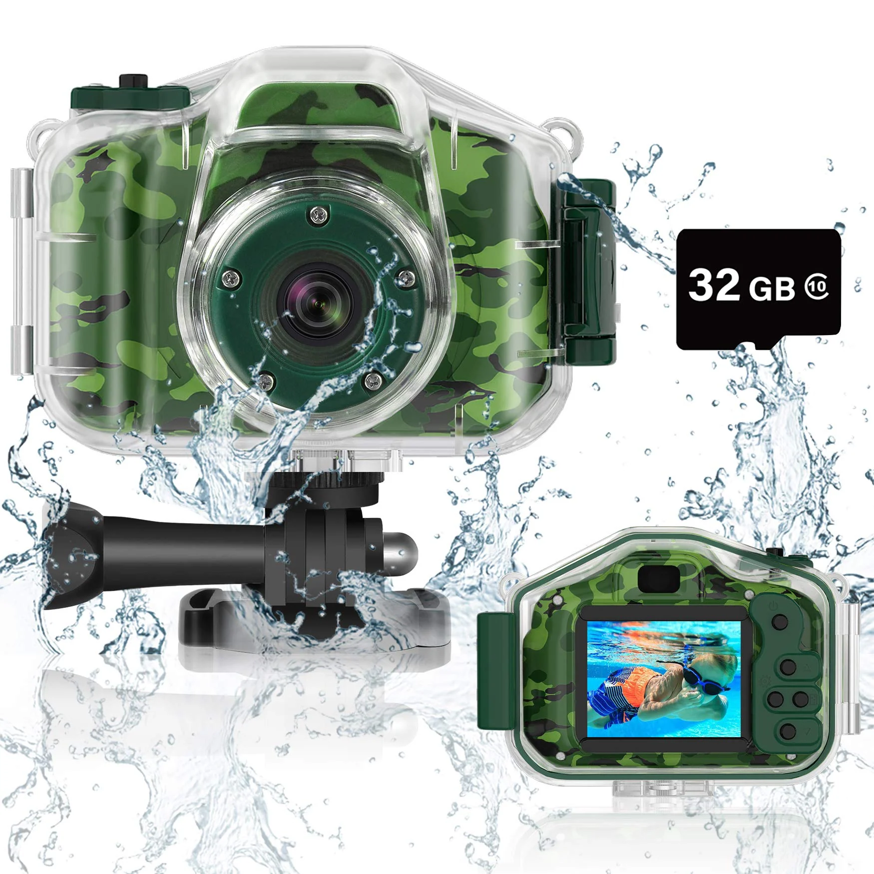 Waterproof Camera for Kids, Christmas Birthday Gifts for Boys Girls 3-12 Year Old, Mini HD Toddler Digital Video Children Travel Camcorder, 2 Inch IPS Screen with 32GB Card (Green) Green