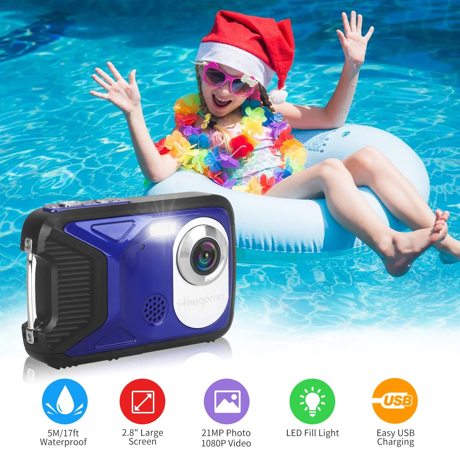 Waterproof Digital Camera,17 FT Underwater Camera 2.8" LCD HD1080P 30MP Kids Video Camcorder with 32G Card and Rechargeable Battery,Point and Shoot Camera for Kids Teenagers Students Gifts Blue - Image 2