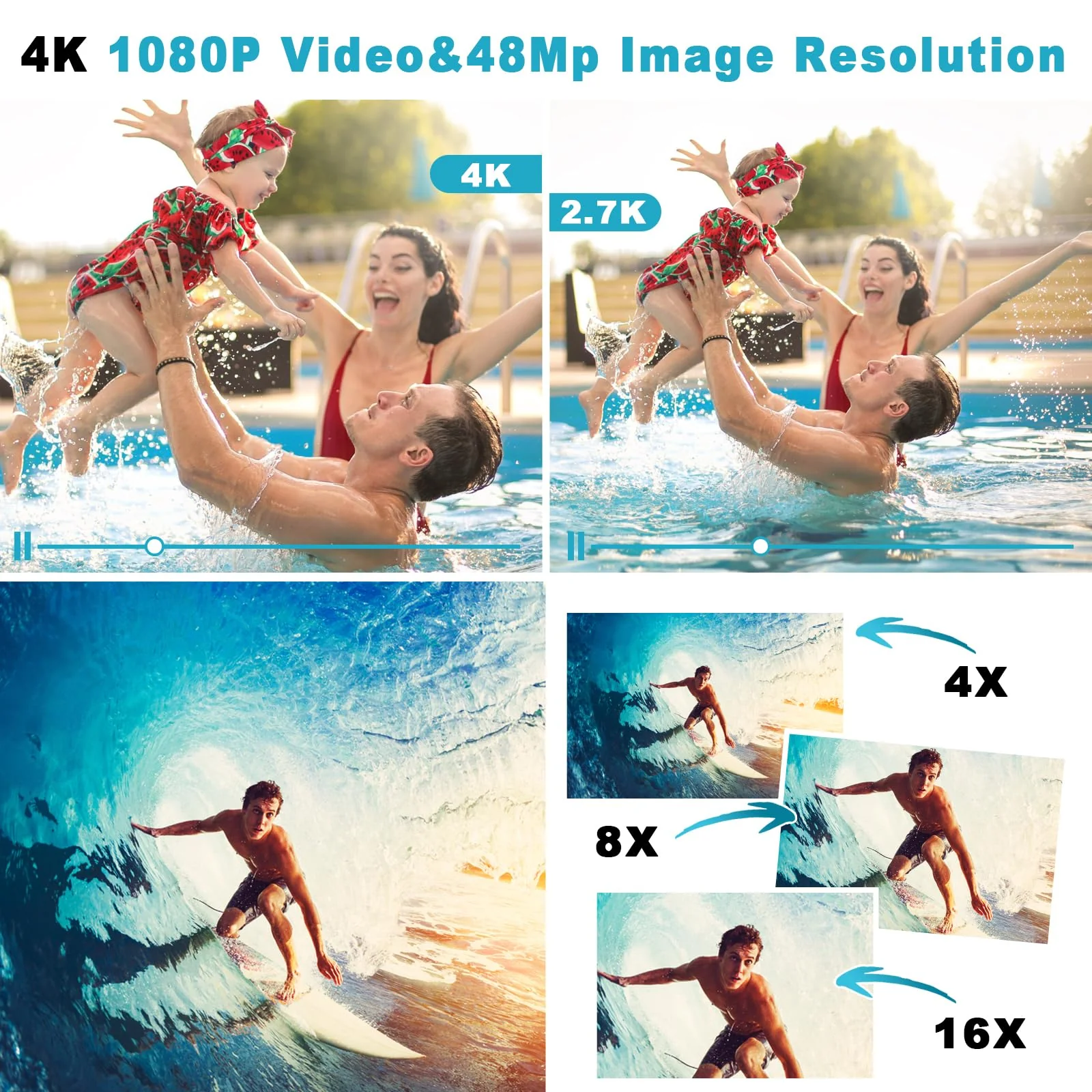 Waterproof Digital Camera, Underwater Camera with 32GB Card(Installed), 4K FHD 48MP Dual-Screen Selfie Under Water Camera for Photography, 10FT Waterproof Camera for Snorkeling, Surfing, Rafting Blue - Image 2