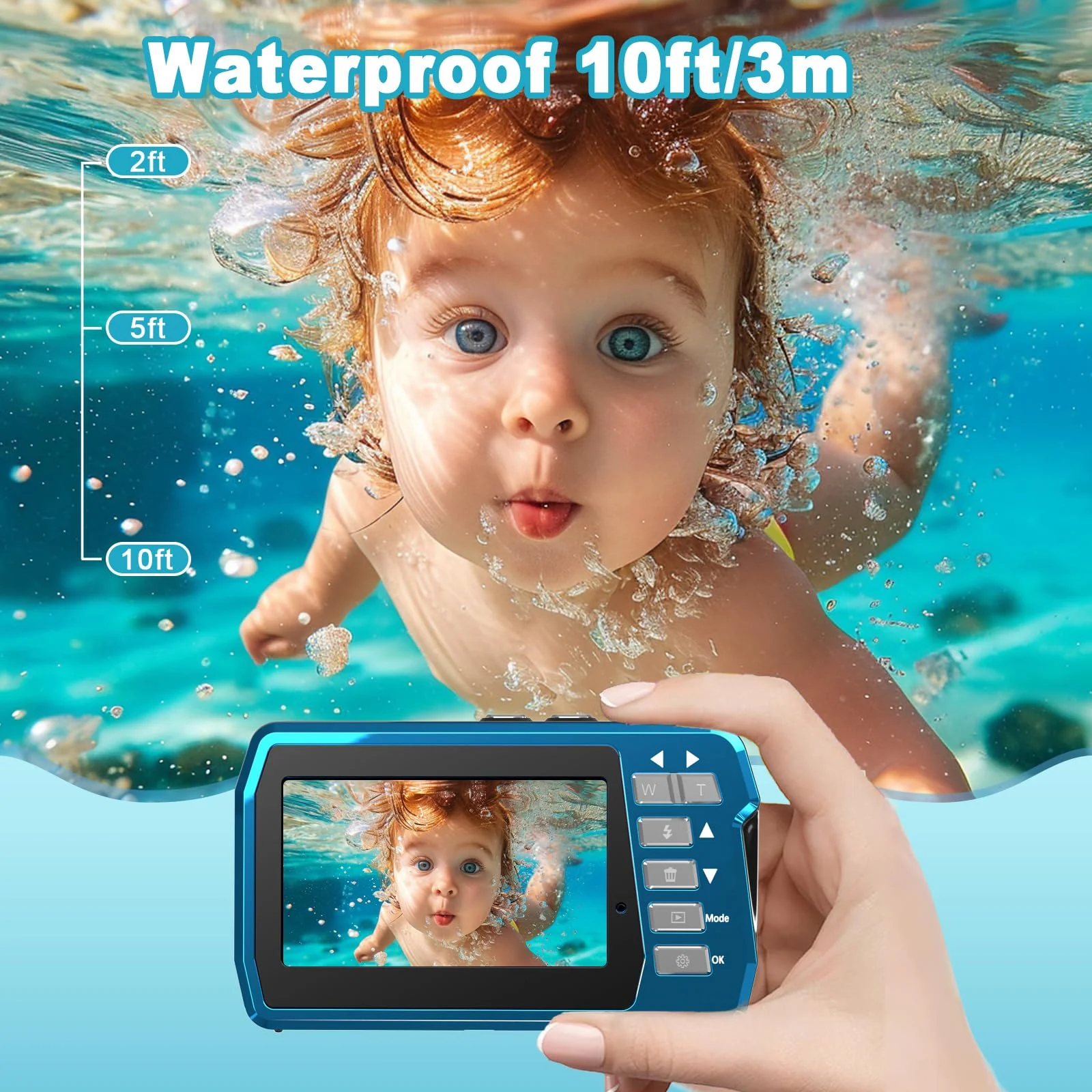Waterproof Digital Camera, Underwater Camera with 32GB Card(Installed), 4K FHD 48MP Dual-Screen Selfie Under Water Camera for Photography, 10FT Waterproof Camera for Snorkeling, Surfing, Rafting Blue - Image 3