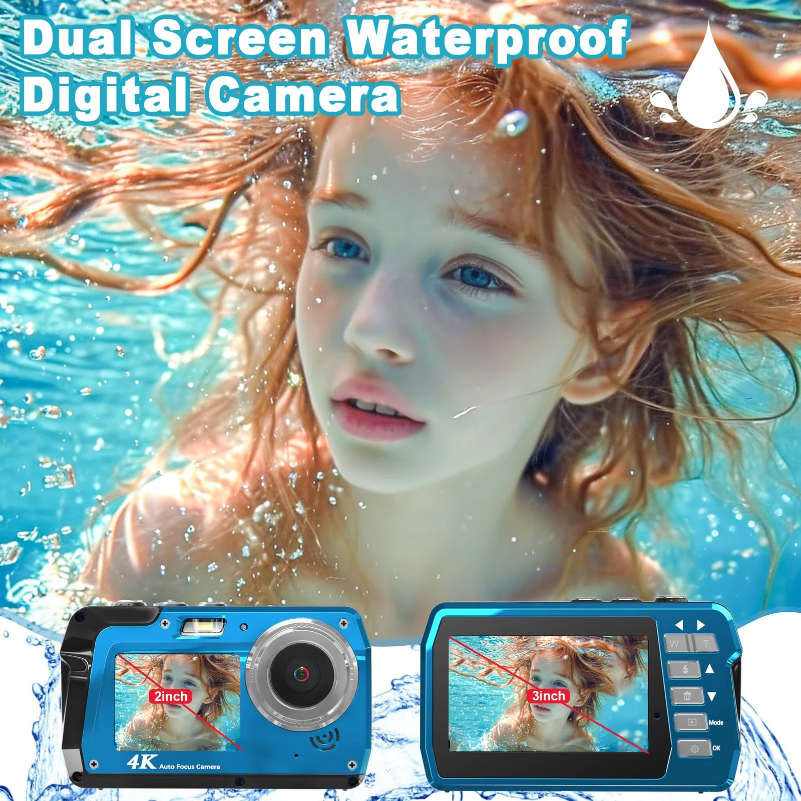 Waterproof Digital Camera, Underwater Camera with 32GB Card(Installed), 4K FHD 48MP Dual-Screen Selfie Under Water Camera for Photography, 10FT Waterproof Camera for Snorkeling, Surfing, Rafting Blue - Image 5