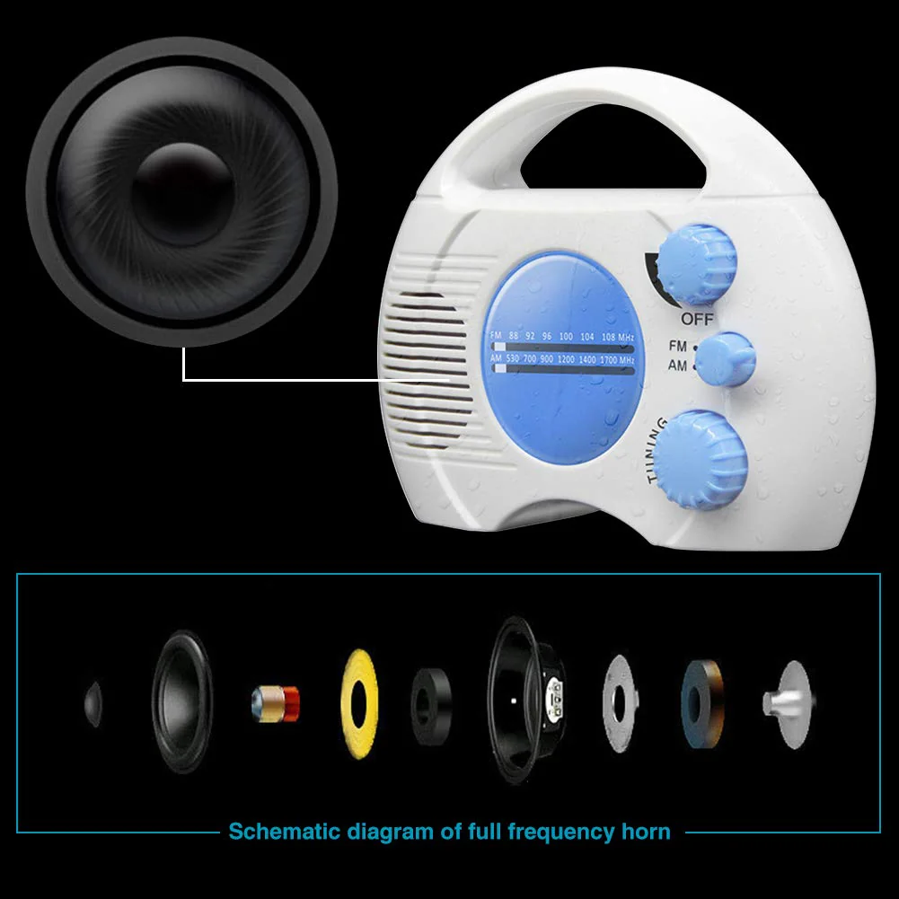 Waterproof Shower Radio - SY-910 Portable 5 Level Waterproof Radio - Mini AM FM Shower Radio Built in Speaker Audio Home Bathroom (Blue+White) - Image 3