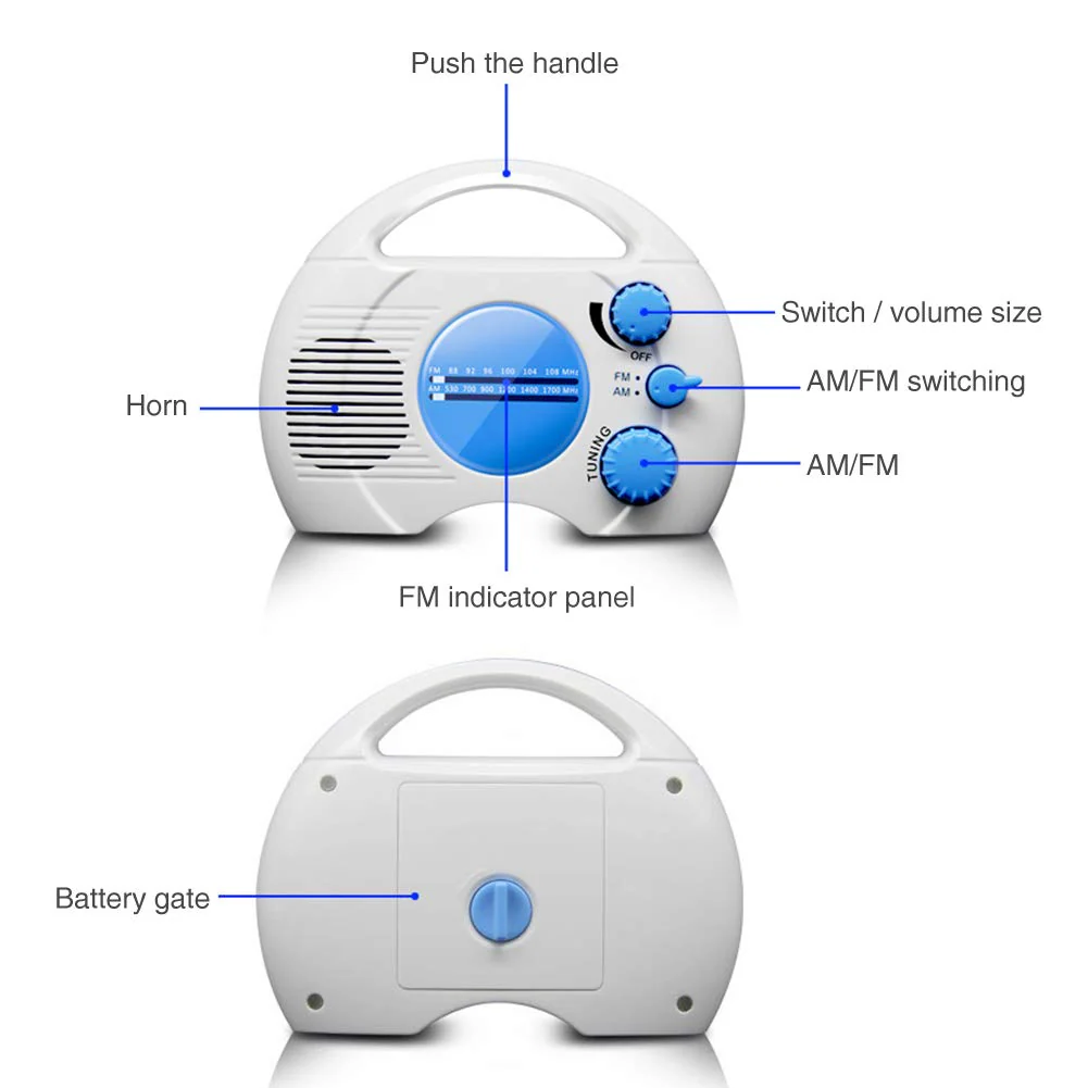 Waterproof Shower Radio - SY-910 Portable 5 Level Waterproof Radio - Mini AM FM Shower Radio Built in Speaker Audio Home Bathroom (Blue+White) - Image 9