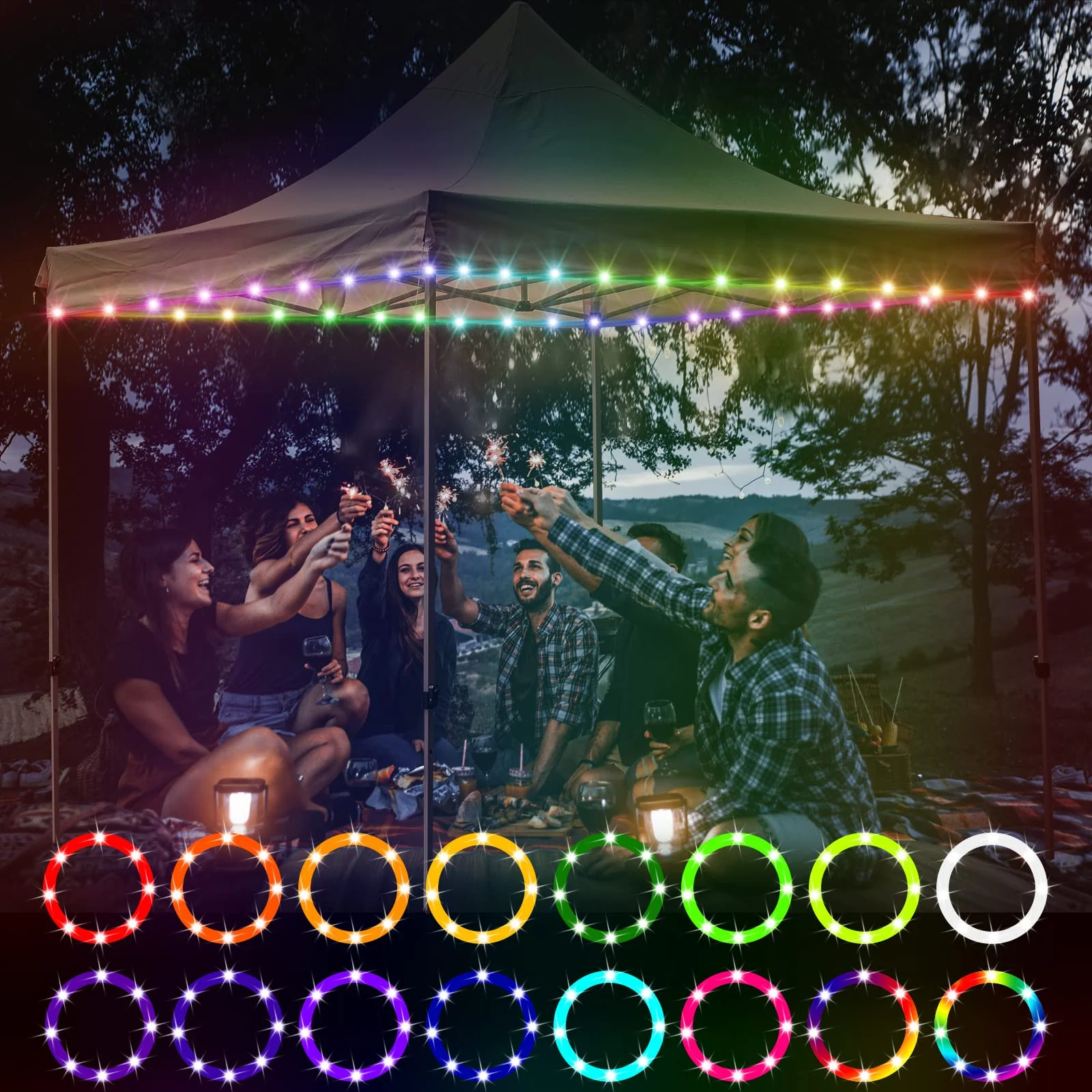 Waybelive LED Canopy and Umbrellas Rope Lights, 39.4 Ft Remote Control Rim LED Light String, 16 Color Change by Yourself, Waterproof, C Battery Powered, Bright to Display at Night Outdoors LED Rope Light