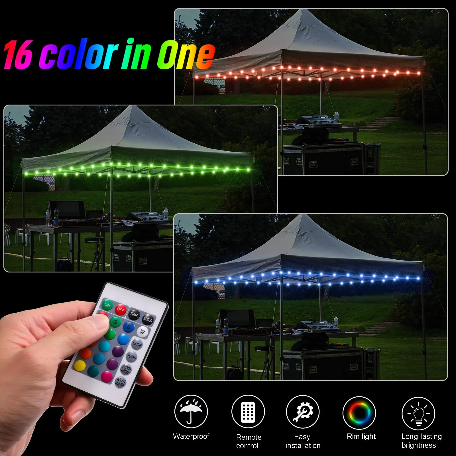 Waybelive LED Canopy and Umbrellas Rope Lights, 39.4 Ft Remote Control Rim LED Light String, 16 Color Change by Yourself, Waterproof, C Battery Powered, Bright to Display at Night Outdoors LED Rope Light - Image 2