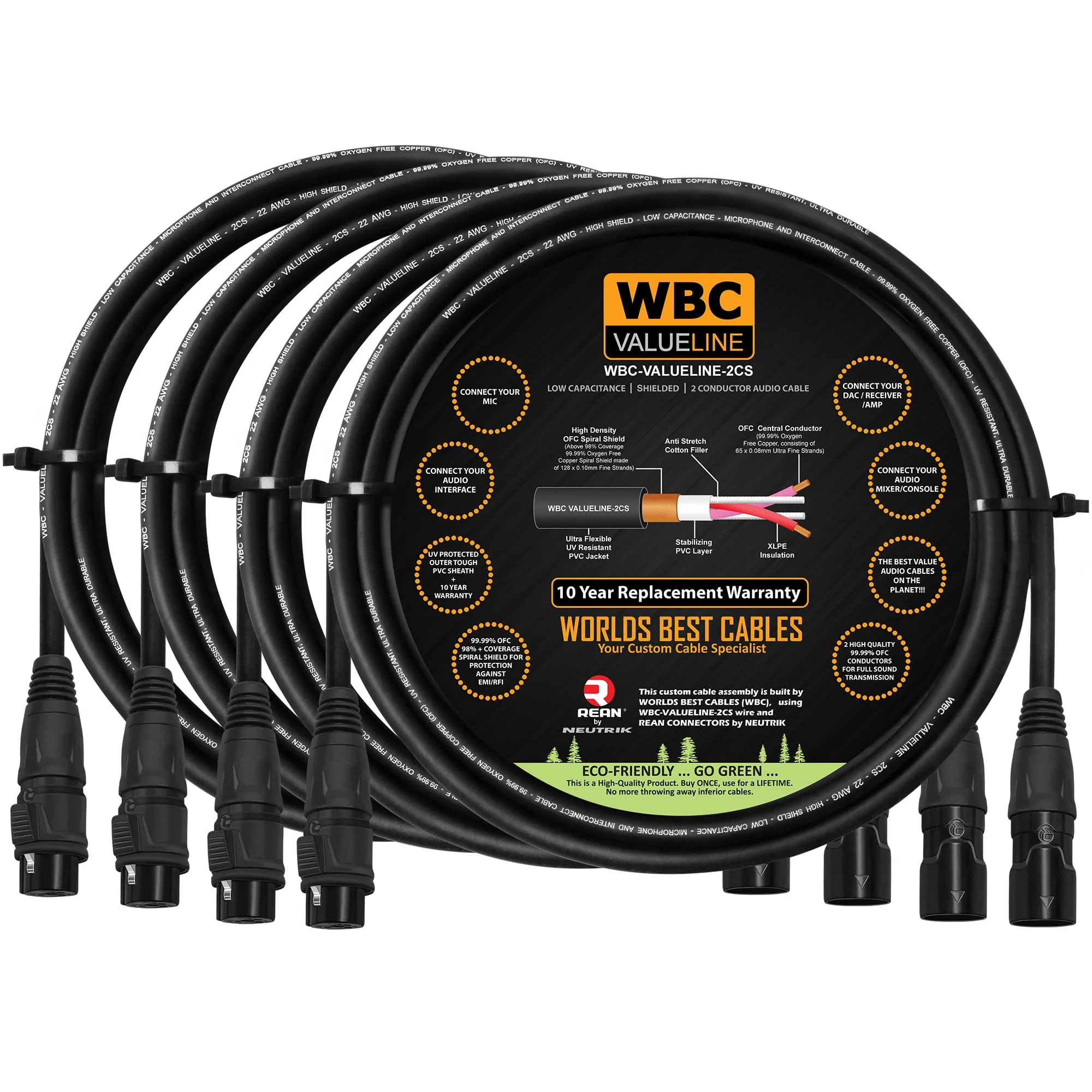 WBC-VALUELINE-2CS (22 AWG) - 4 Units - 6 Foot–Low-Capacitance Shielded Balanced Flexible Microphone, Active-Speaker & Interconnect Cables with Neutrik-Rean IP65 Rated Gold XLR Connectors