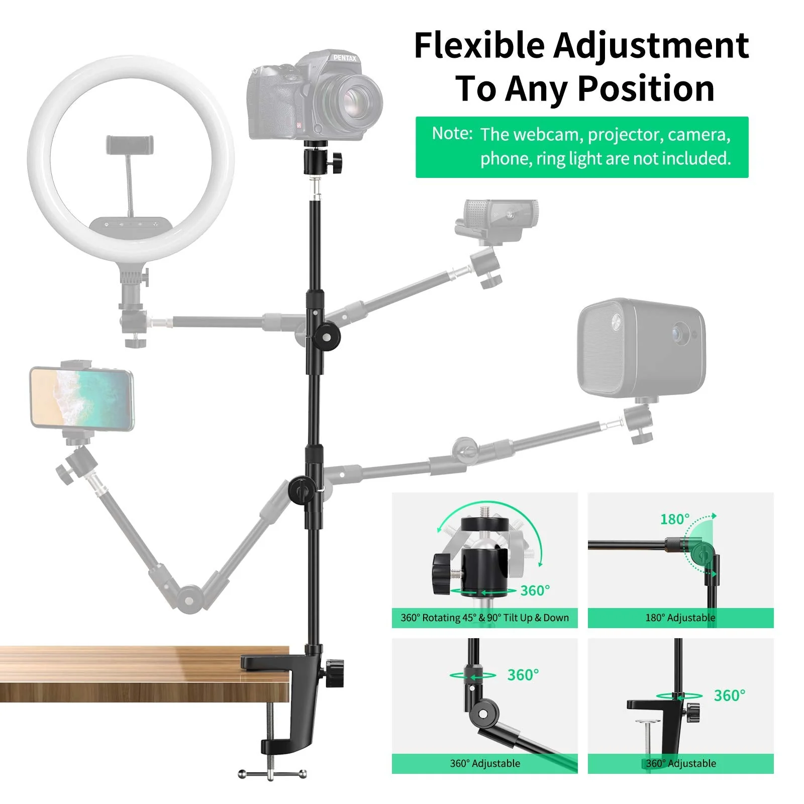 Webcam Stand Camera Mount with Phone Holder & 5/8" Screw, 22in Flexible Projector Stand Gooseneck Desk Mic Stand for Logitech C922 C930e C920 C615 C960 Brio 4K, GoPro, Blue Yeti Snowball Ice - Image 3