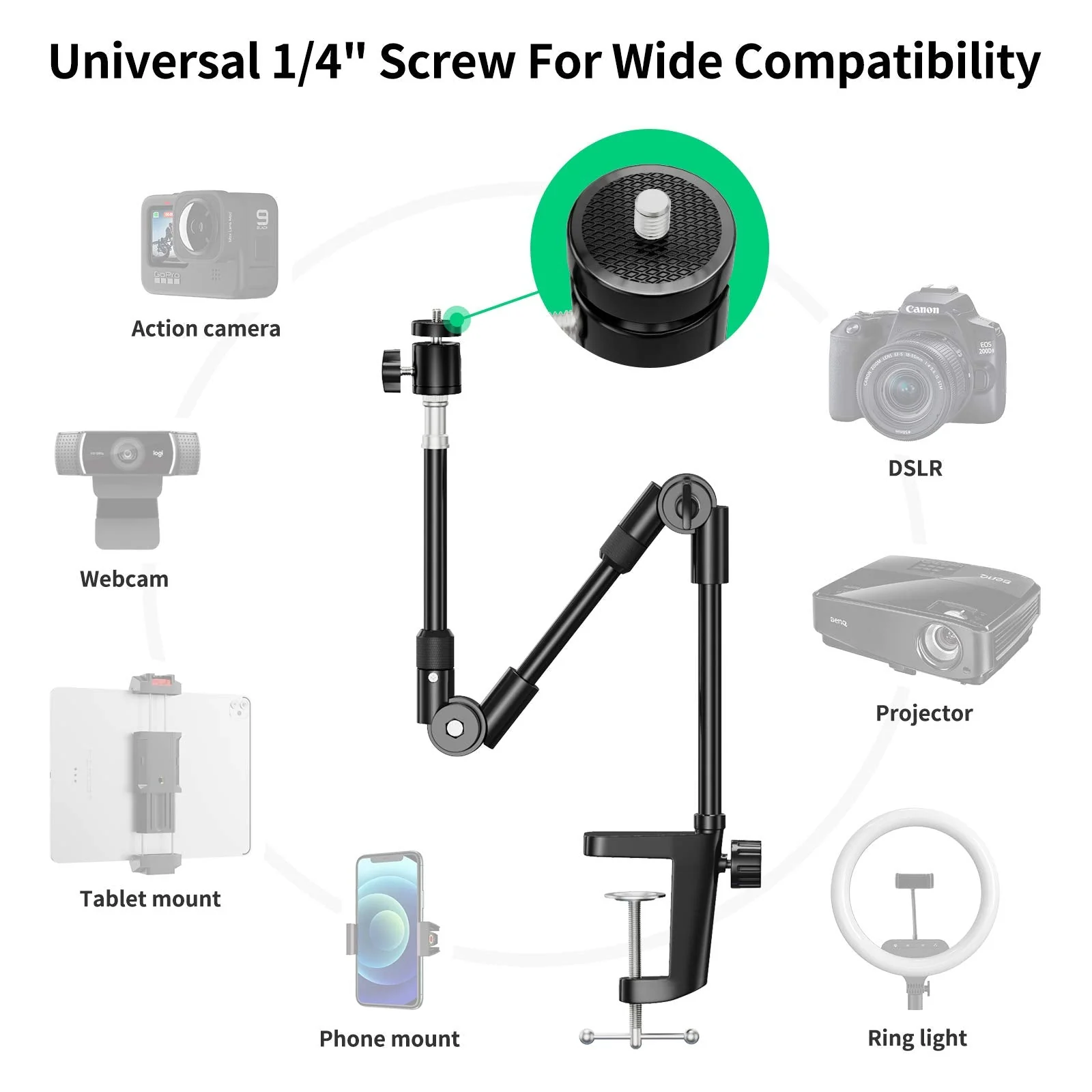 Webcam Stand Camera Mount with Phone Holder & 5/8" Screw, 22in Flexible Projector Stand Gooseneck Desk Mic Stand for Logitech C922 C930e C920 C615 C960 Brio 4K, GoPro, Blue Yeti Snowball Ice - Image 4