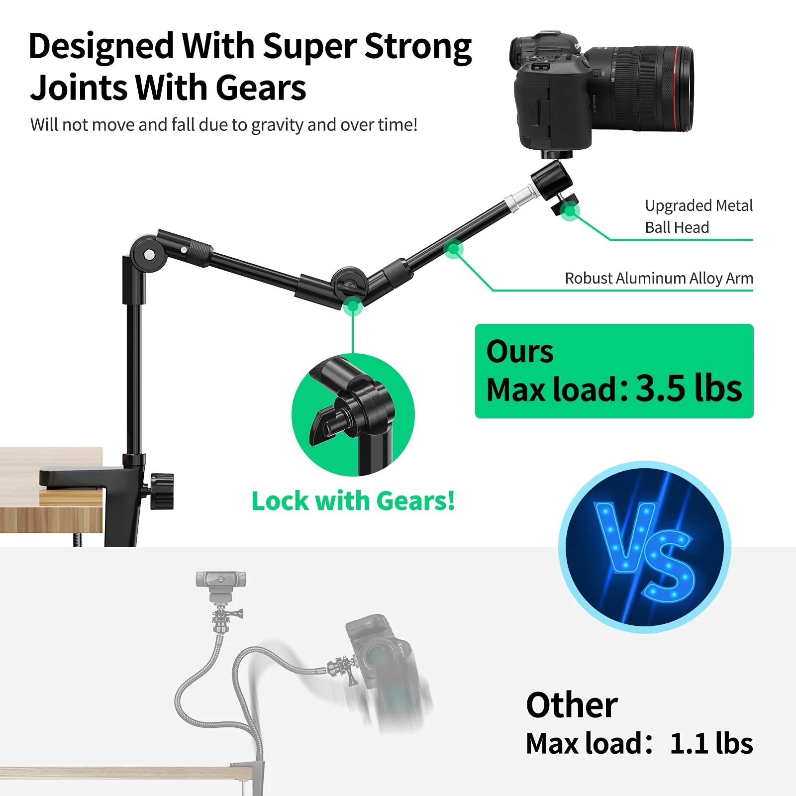 Webcam Stand Camera Mount with Phone Holder & 5/8" Screw, 22in Flexible Projector Stand Gooseneck Desk Mic Stand for Logitech C922 C930e C920 C615 C960 Brio 4K, GoPro, Blue Yeti Snowball Ice - Image 5