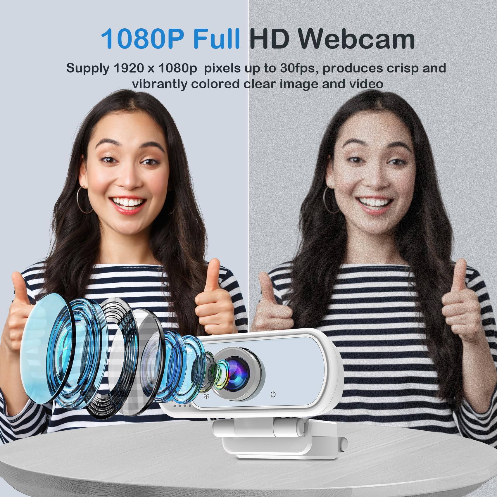 Webcam with Microphone,Webcam 1080p White,USB Web Camera 110-Degree View Angle Computer Camera,Webcam Tripod/Privacy Cover/USB C Adapter Include,Plug and Play for Video Conferencing - Image 2