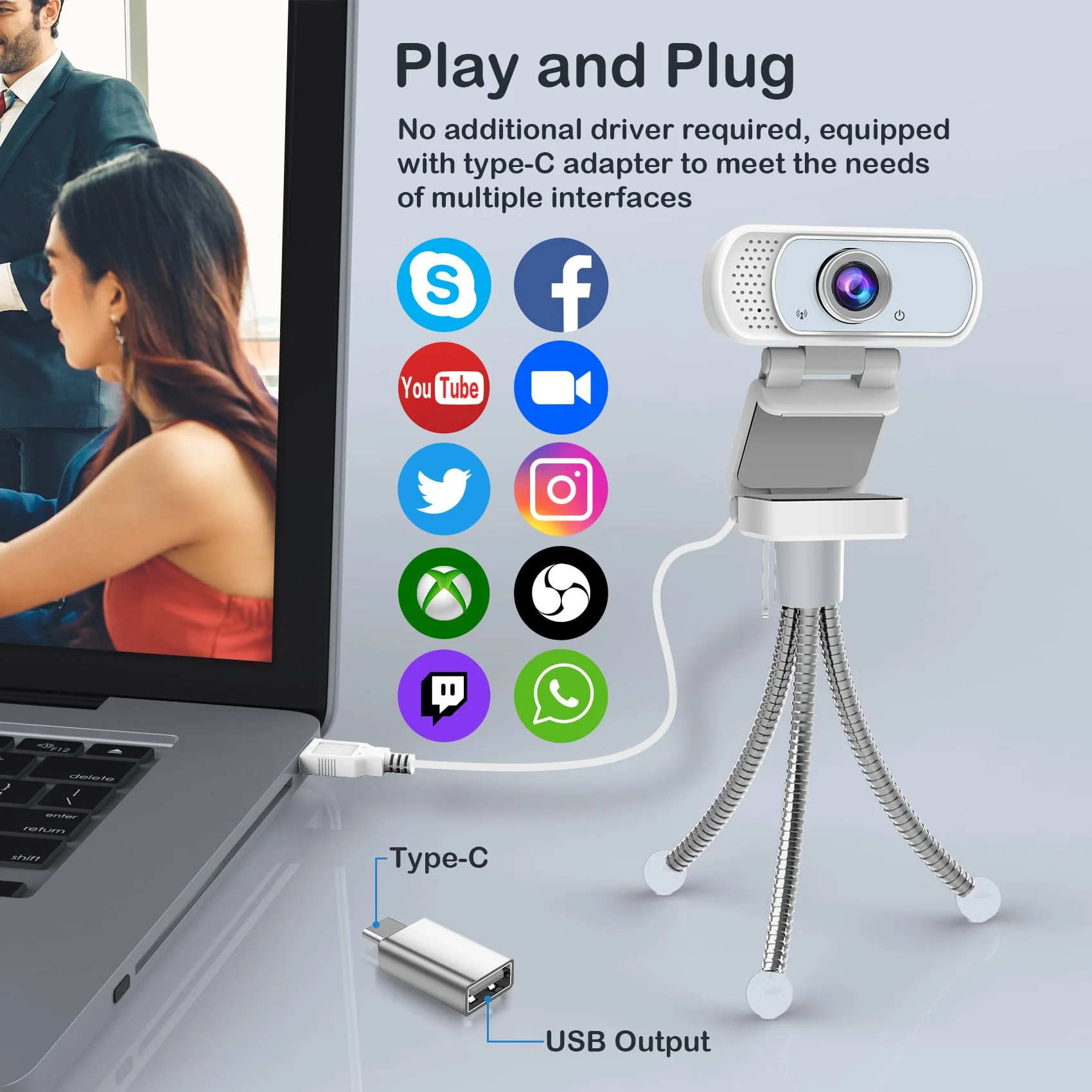 Webcam with Microphone,Webcam 1080p White,USB Web Camera 110-Degree View Angle Computer Camera,Webcam Tripod/Privacy Cover/USB C Adapter Include,Plug and Play for Video Conferencing - Image 4