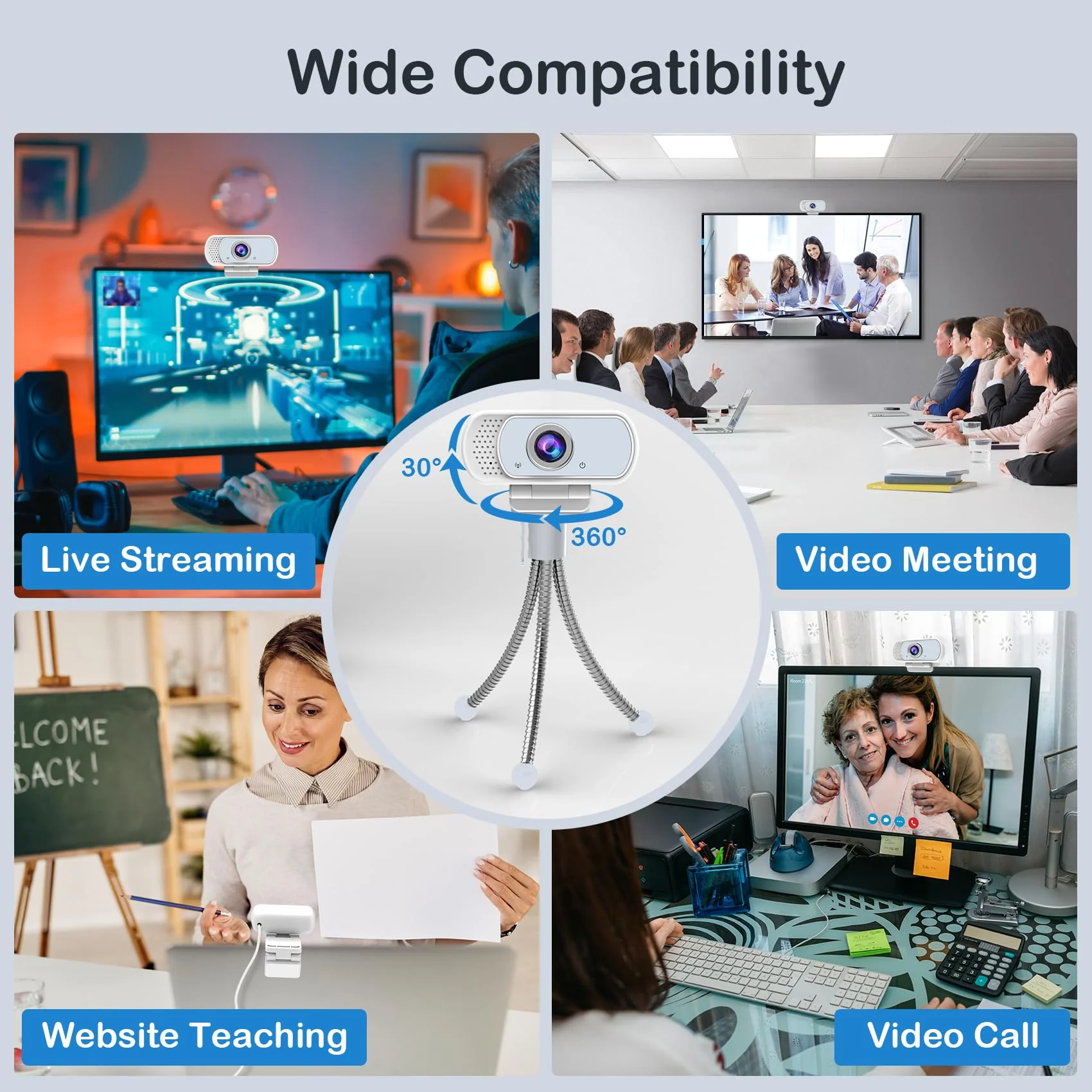 Webcam with Microphone,Webcam 1080p White,USB Web Camera 110-Degree View Angle Computer Camera,Webcam Tripod/Privacy Cover/USB C Adapter Include,Plug and Play for Video Conferencing - Image 7