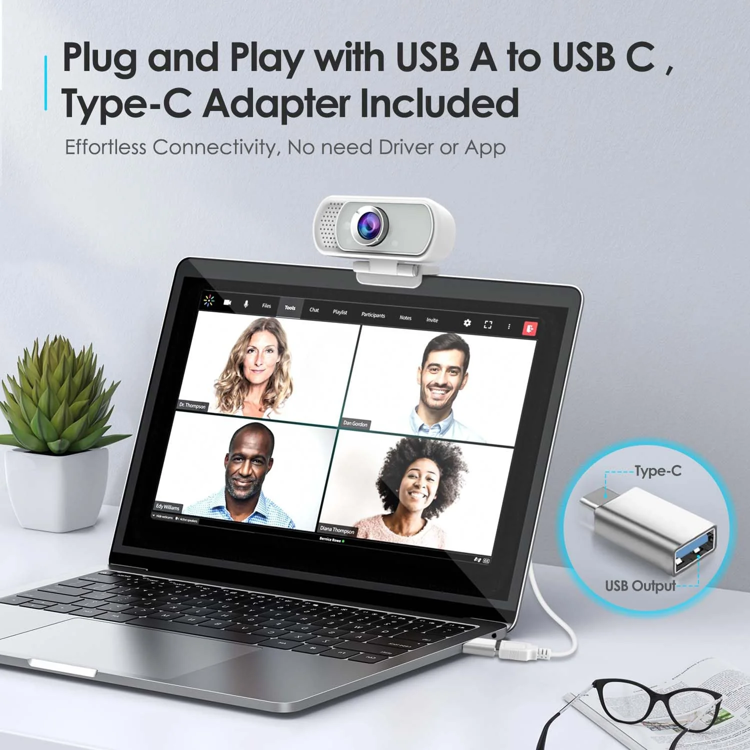 Webcam with Tripod Privacy Shutter: 1080P FHD Web Camera with Mic, Plug & Play USB A USB C Webcam with Stand, White Wide Angle Noise-Canceling Microphone Compact Web Cam for Online Meeting Classes White USB-C Webcam Cover & Tripod - Image 3